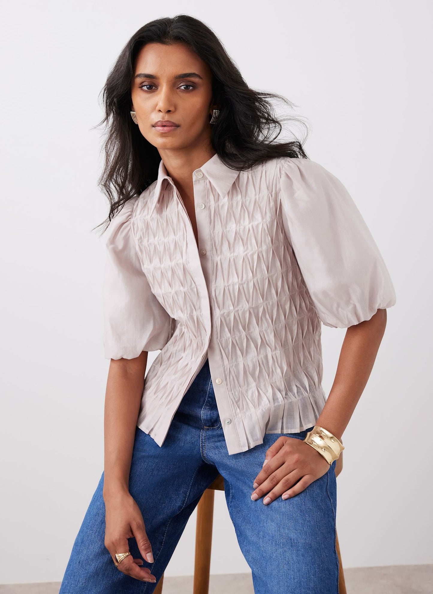Neutral Puff Sleeve Smock Shirt