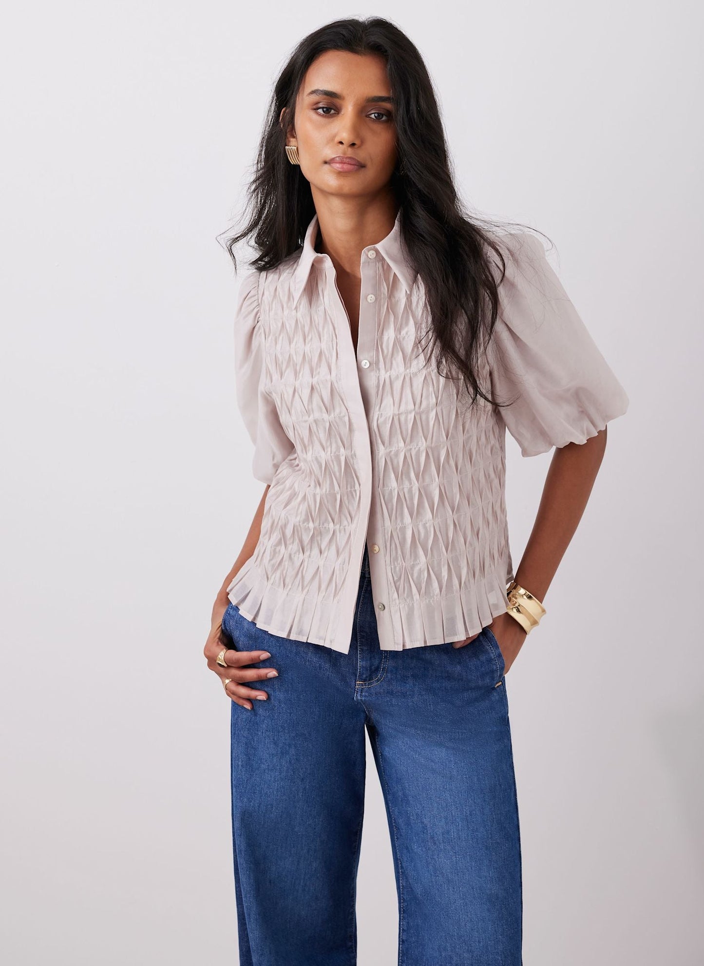 Neutral Puff Sleeve Smock Shirt