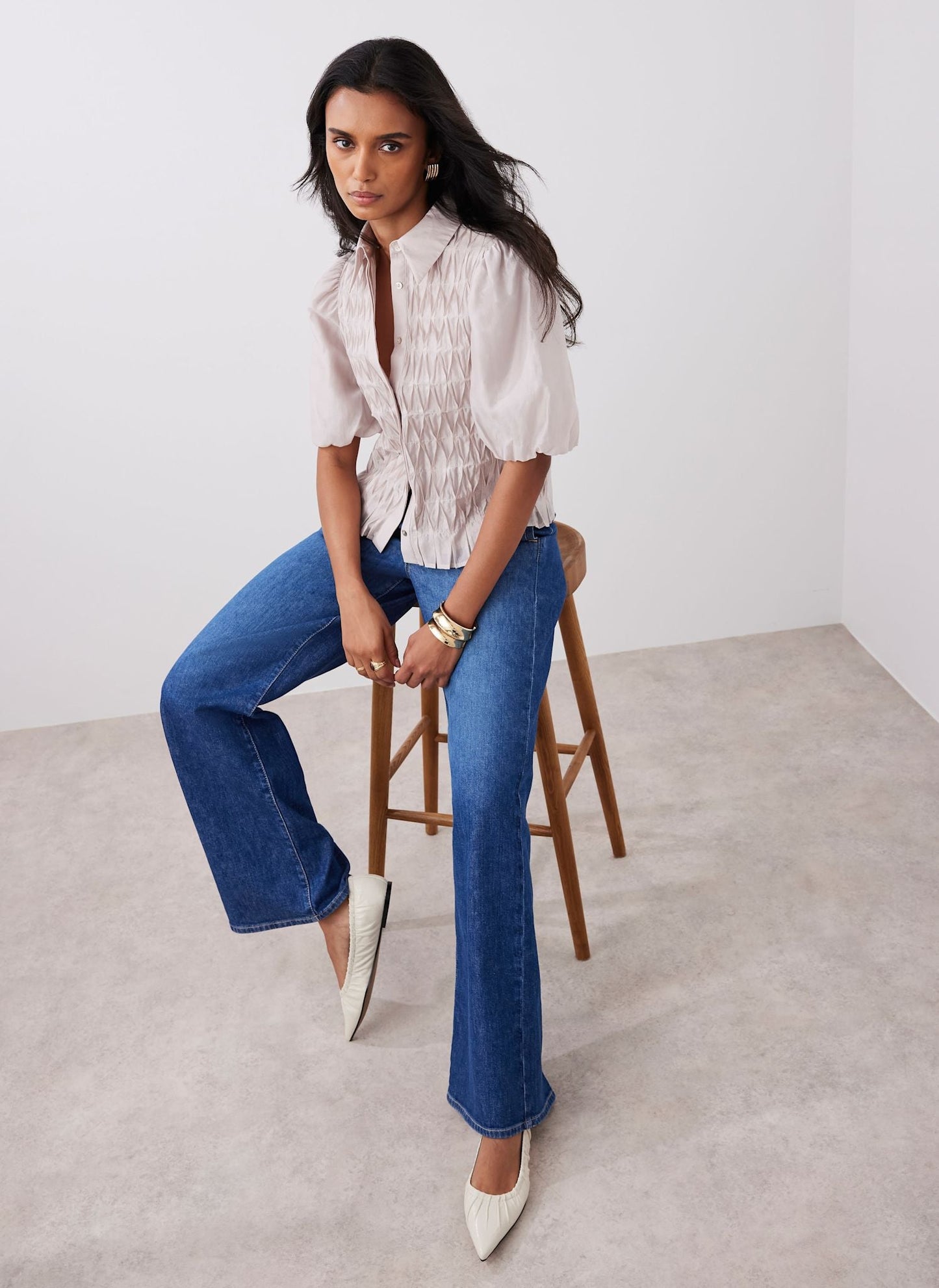 Neutral Puff Sleeve Smock Shirt
