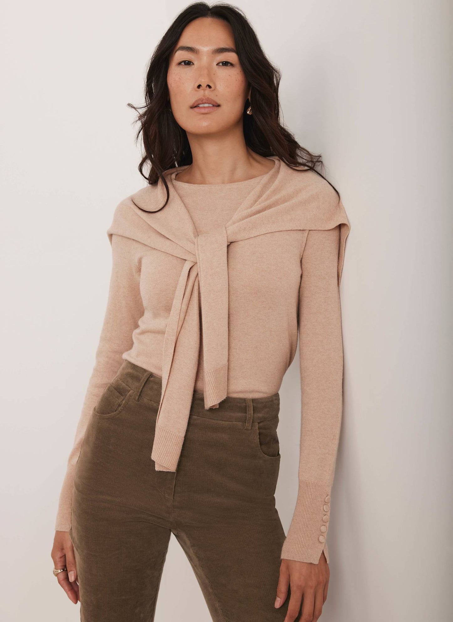 Neutral Cotton Blend Scarf Detail Knit Jumper
