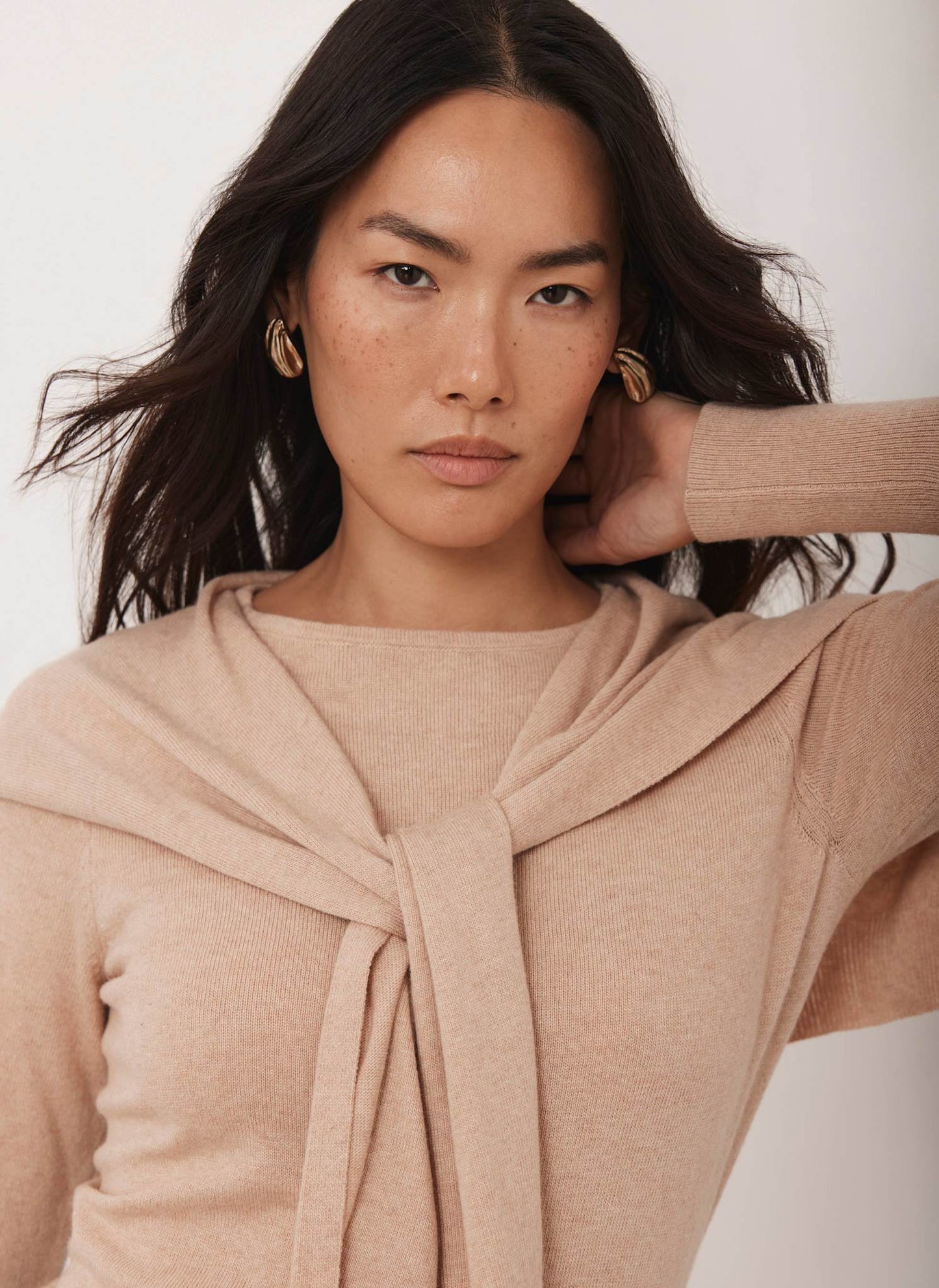 Neutral Cotton Blend Scarf Detail Knit Jumper