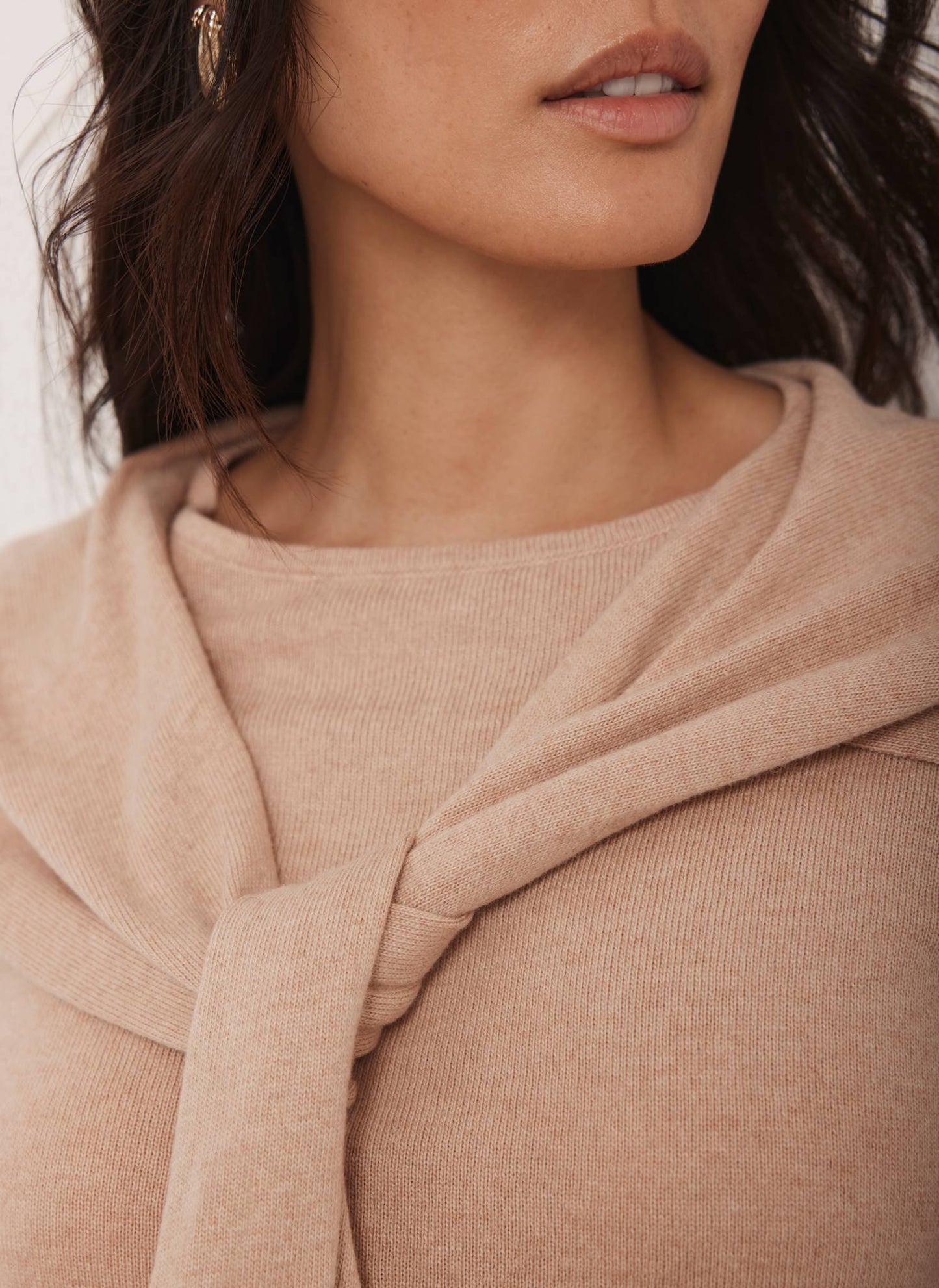 Neutral Cotton Blend Scarf Detail Knit Jumper