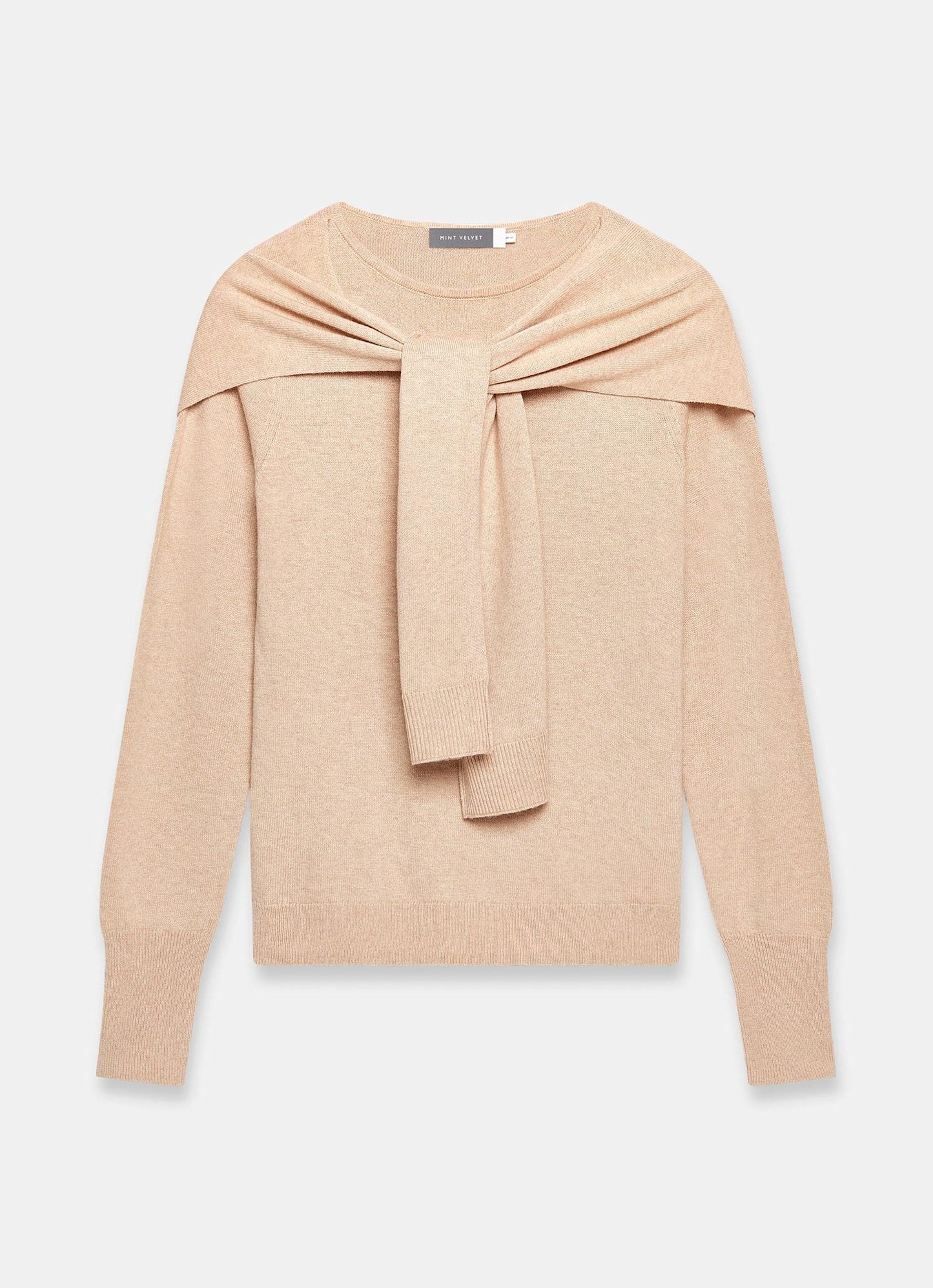 Neutral Cotton Blend Scarf Detail Knit Jumper