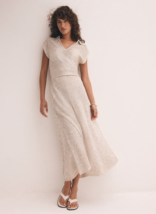 Neutral Sequin Knit Midi Dress