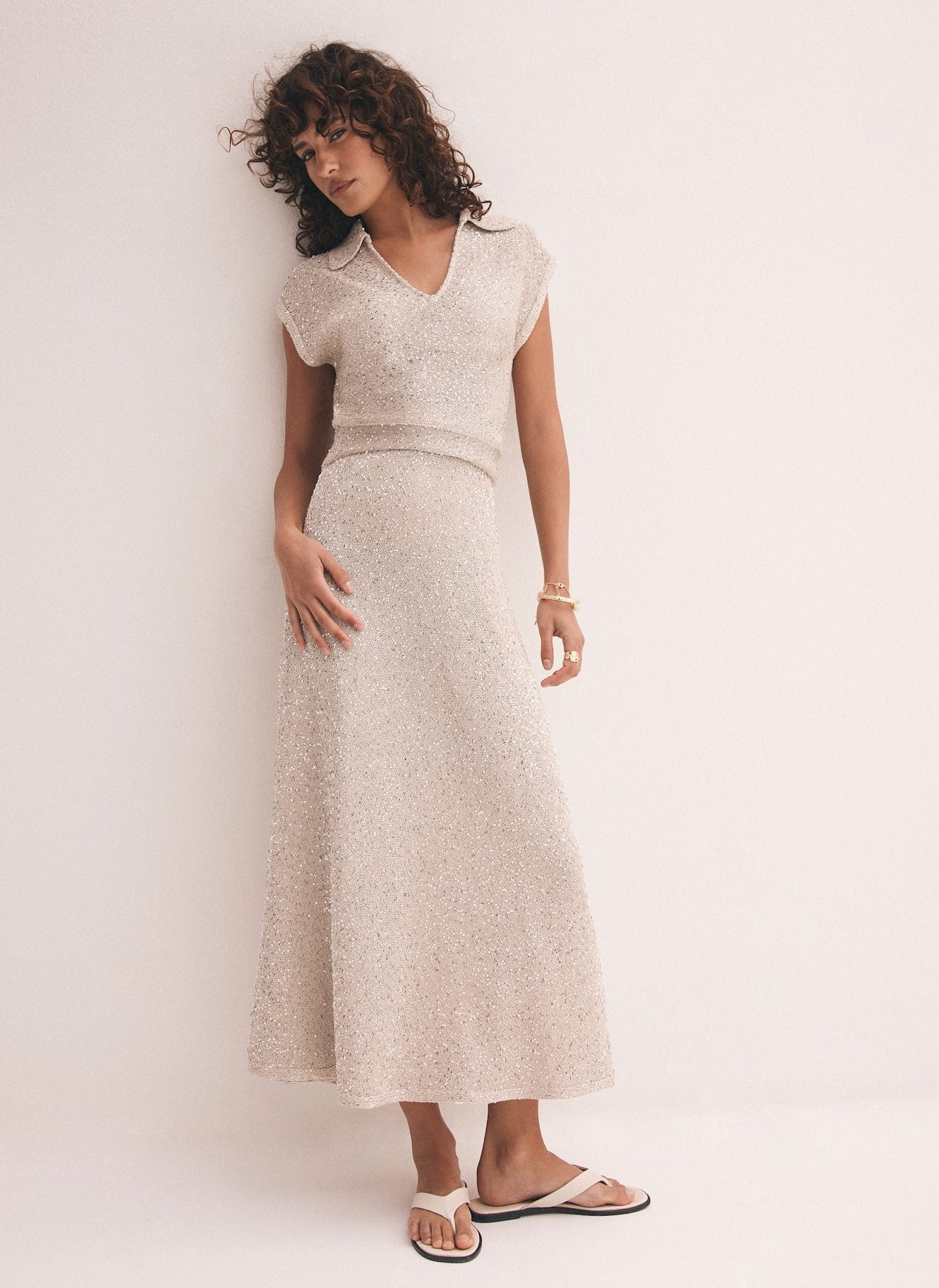 Neutral Sequin Knit Midi Dress