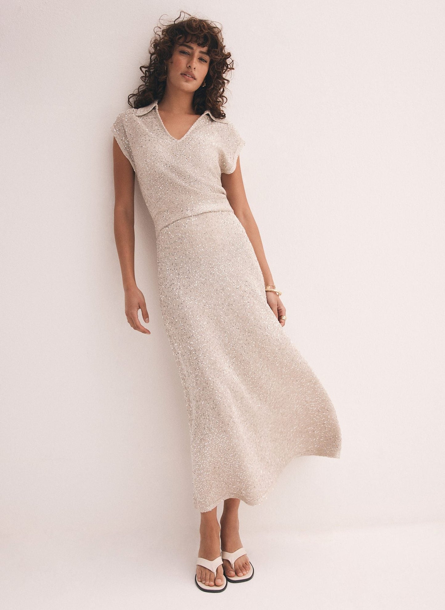 Neutral Sequin Knit Midi Dress