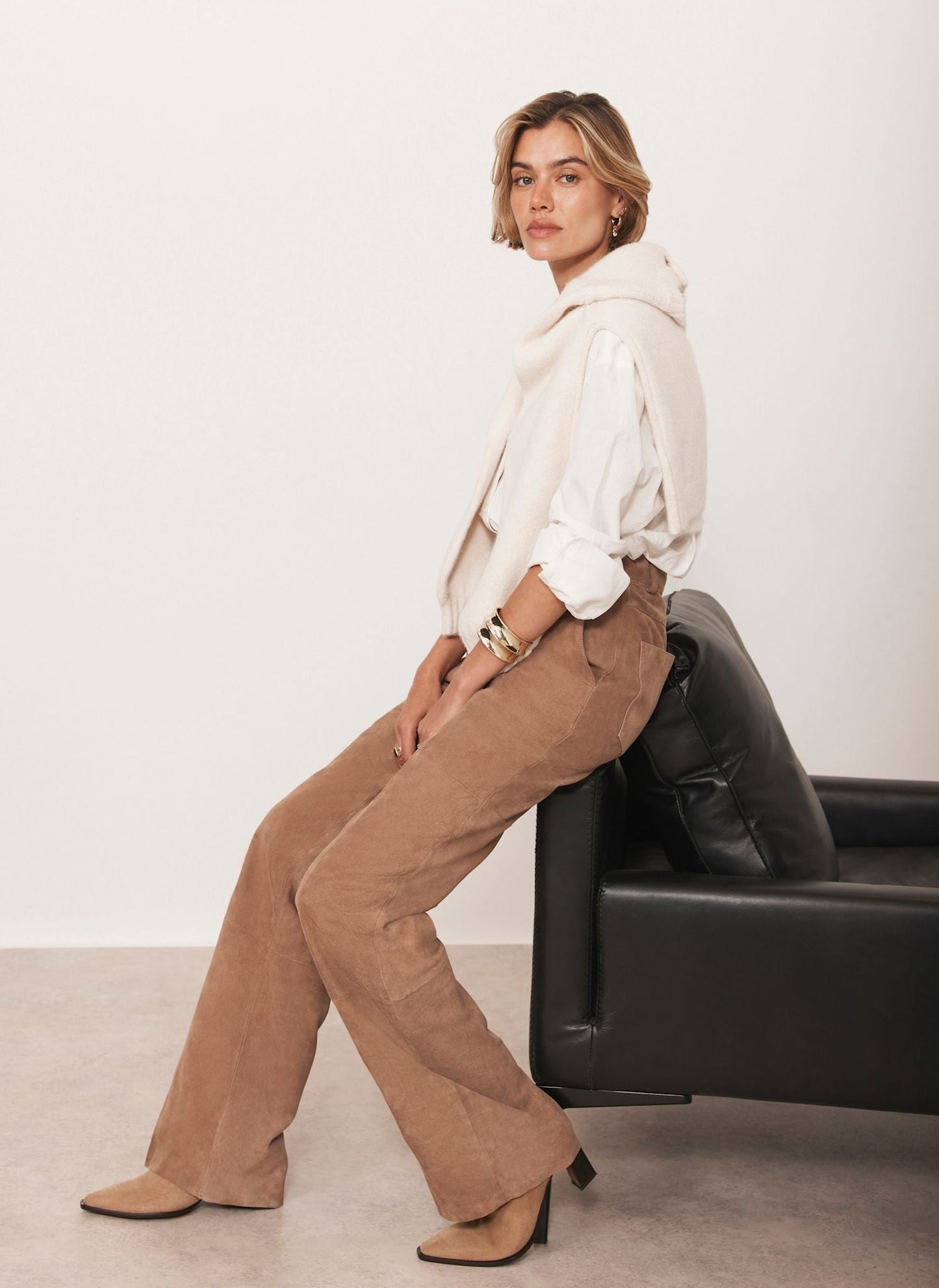 Neutral Suede Straight Trousers