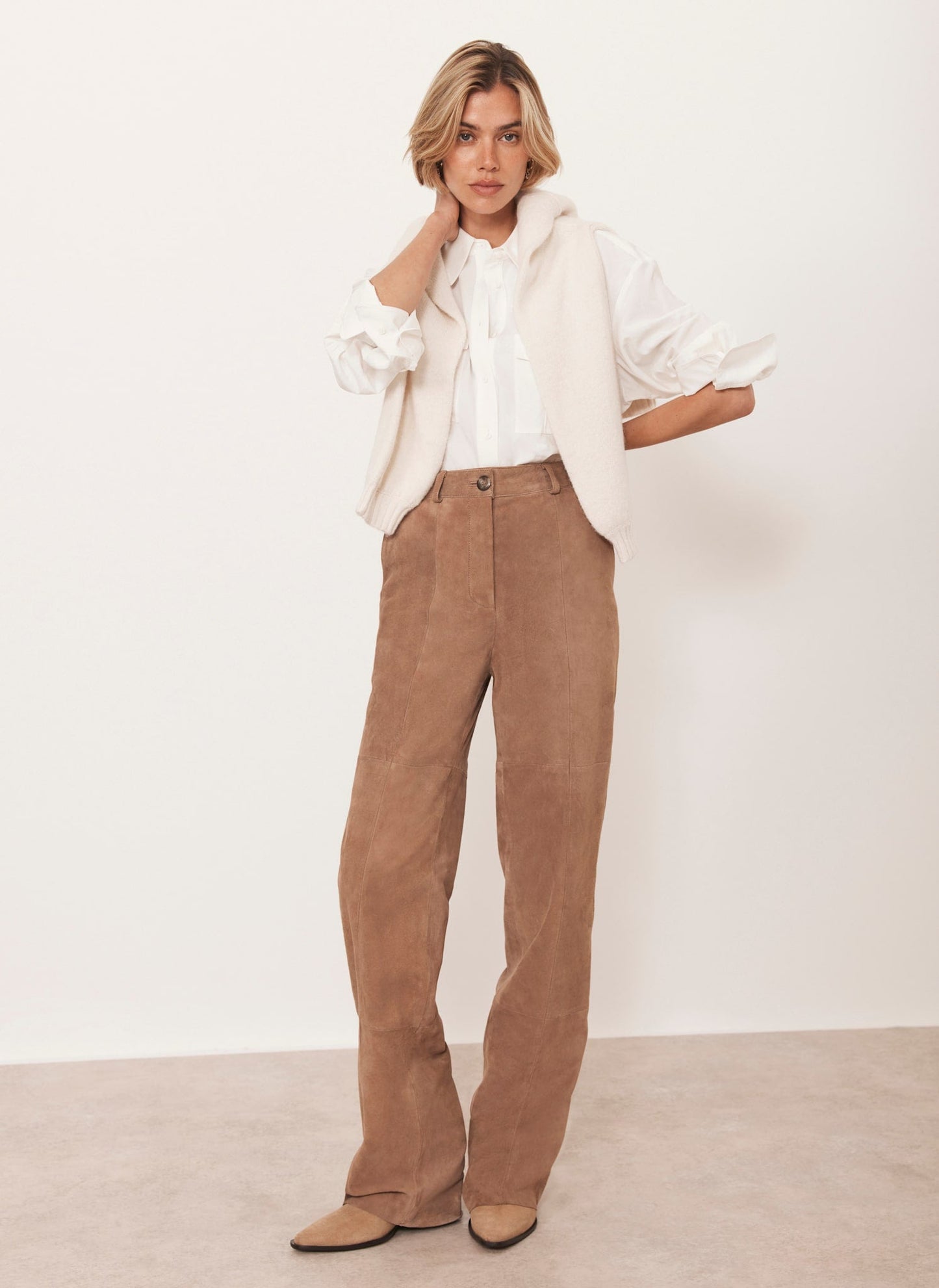 Neutral Suede Straight Trousers