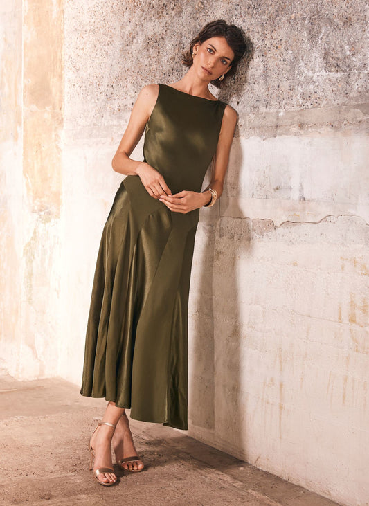 Green Panelled Satin Maxi Dress