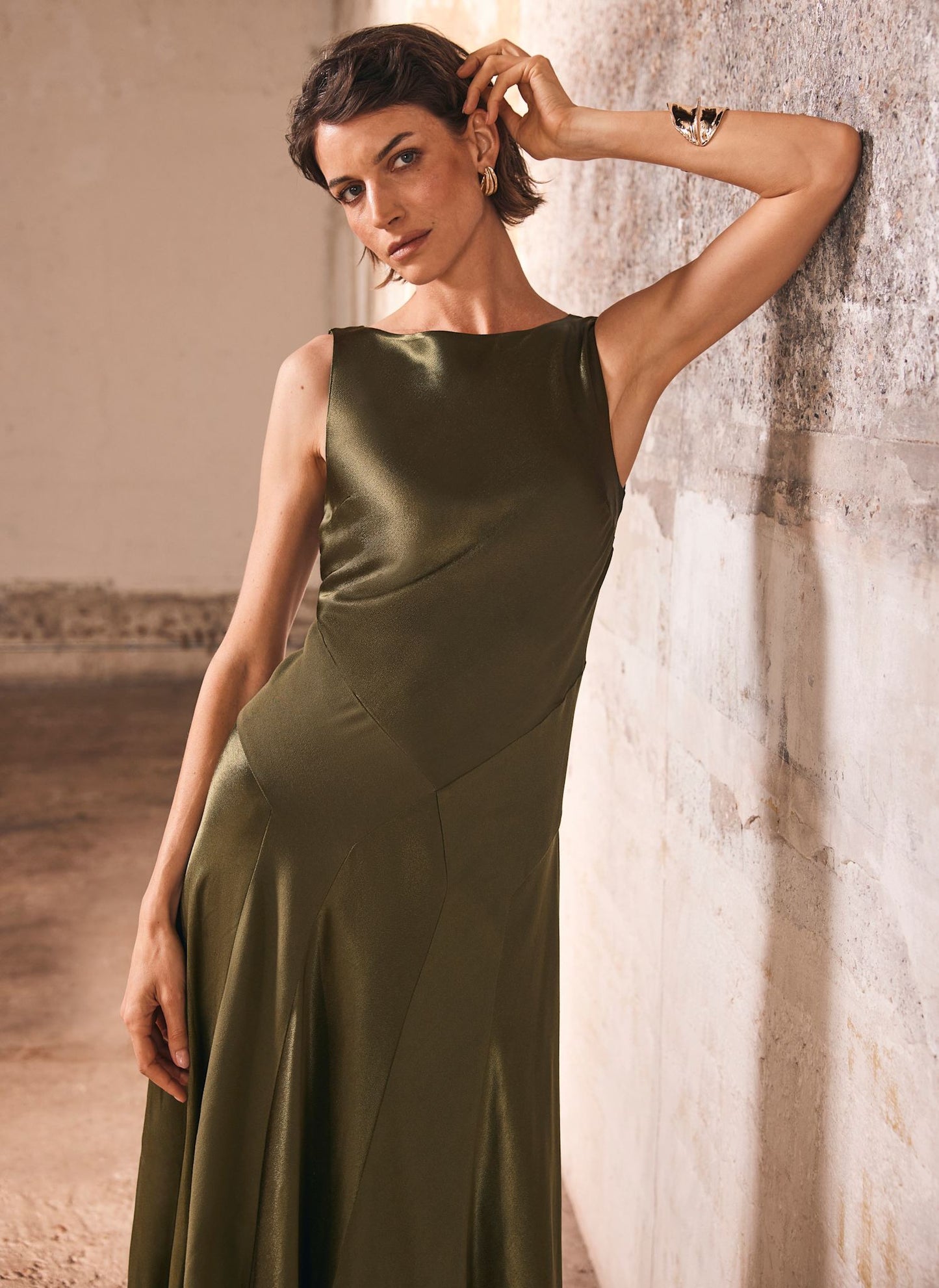 Green Panelled Satin Maxi Dress