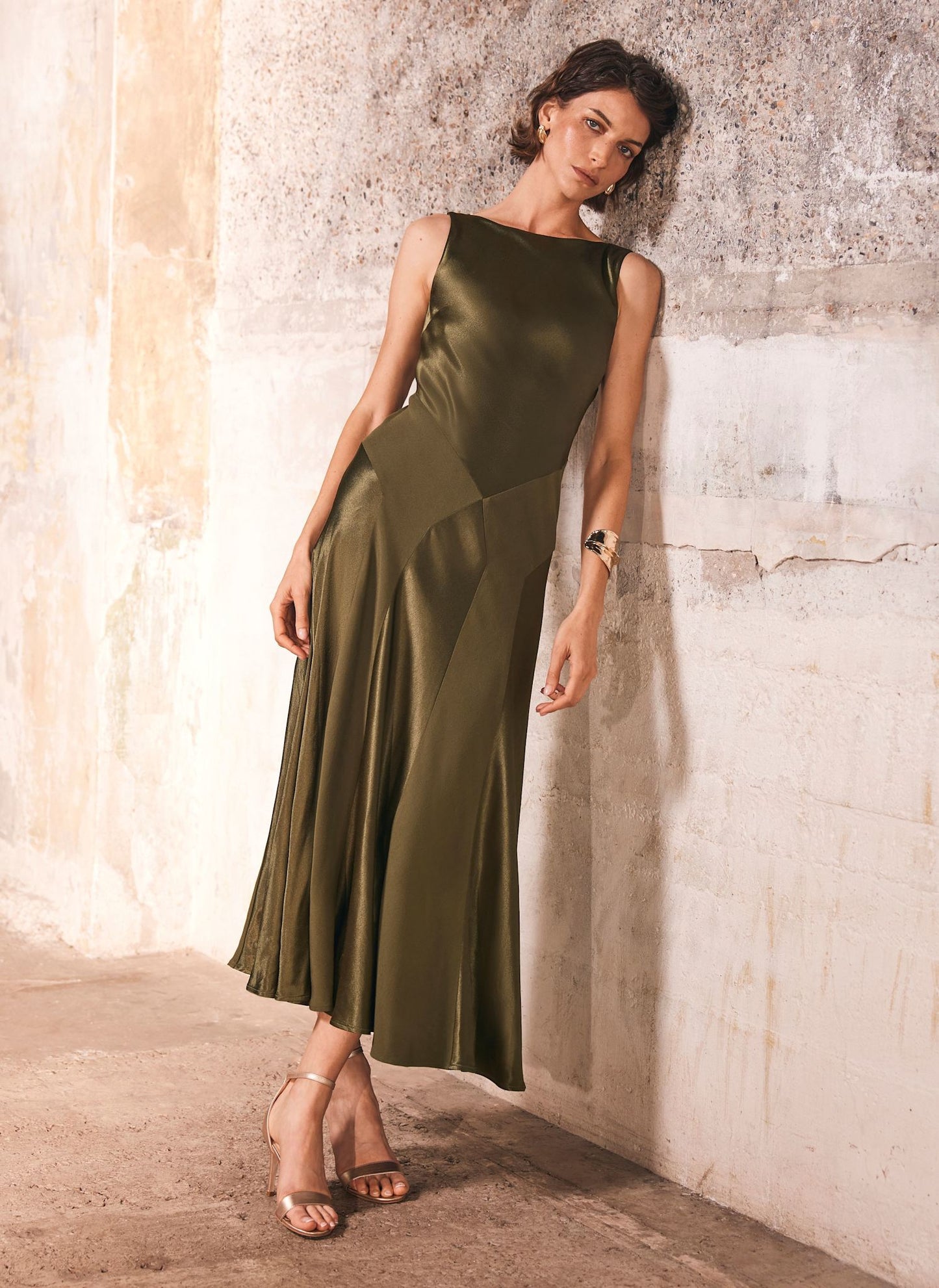 Green Panelled Satin Maxi Dress