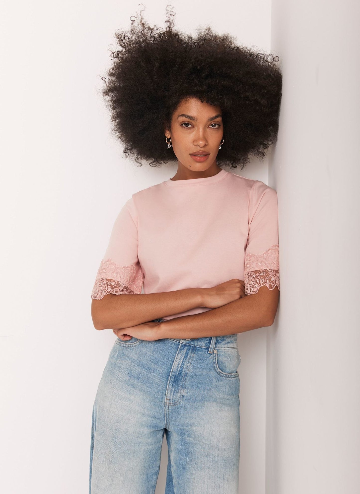 Pink Cotton Lace Trim T-Shirt