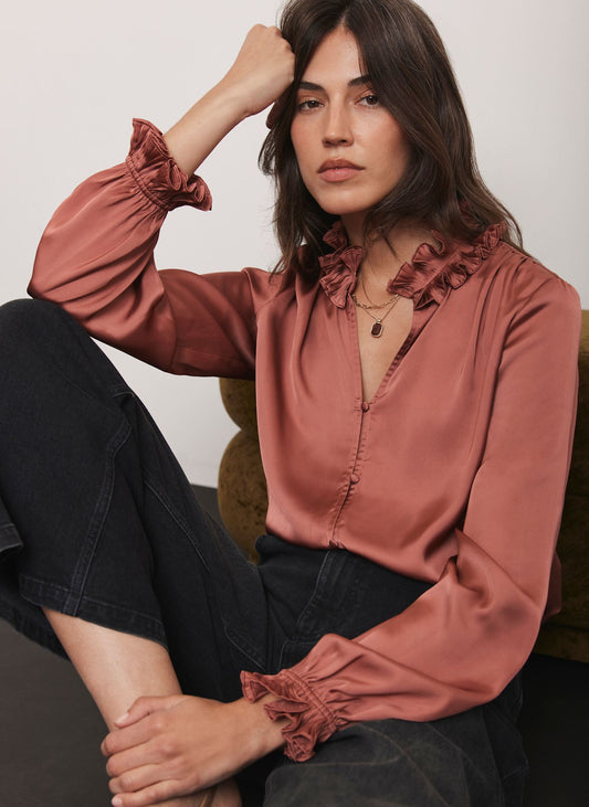 Pink Ruffle Satin Blouse
