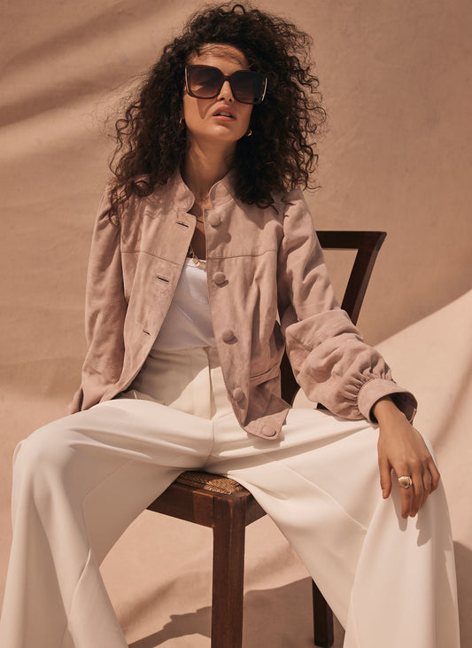 Pink Suede Puff Sleeve Jacket