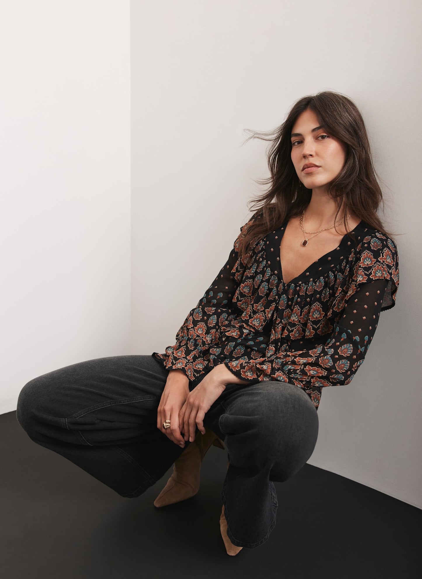 Black Boho Print Ruffle Blouse
