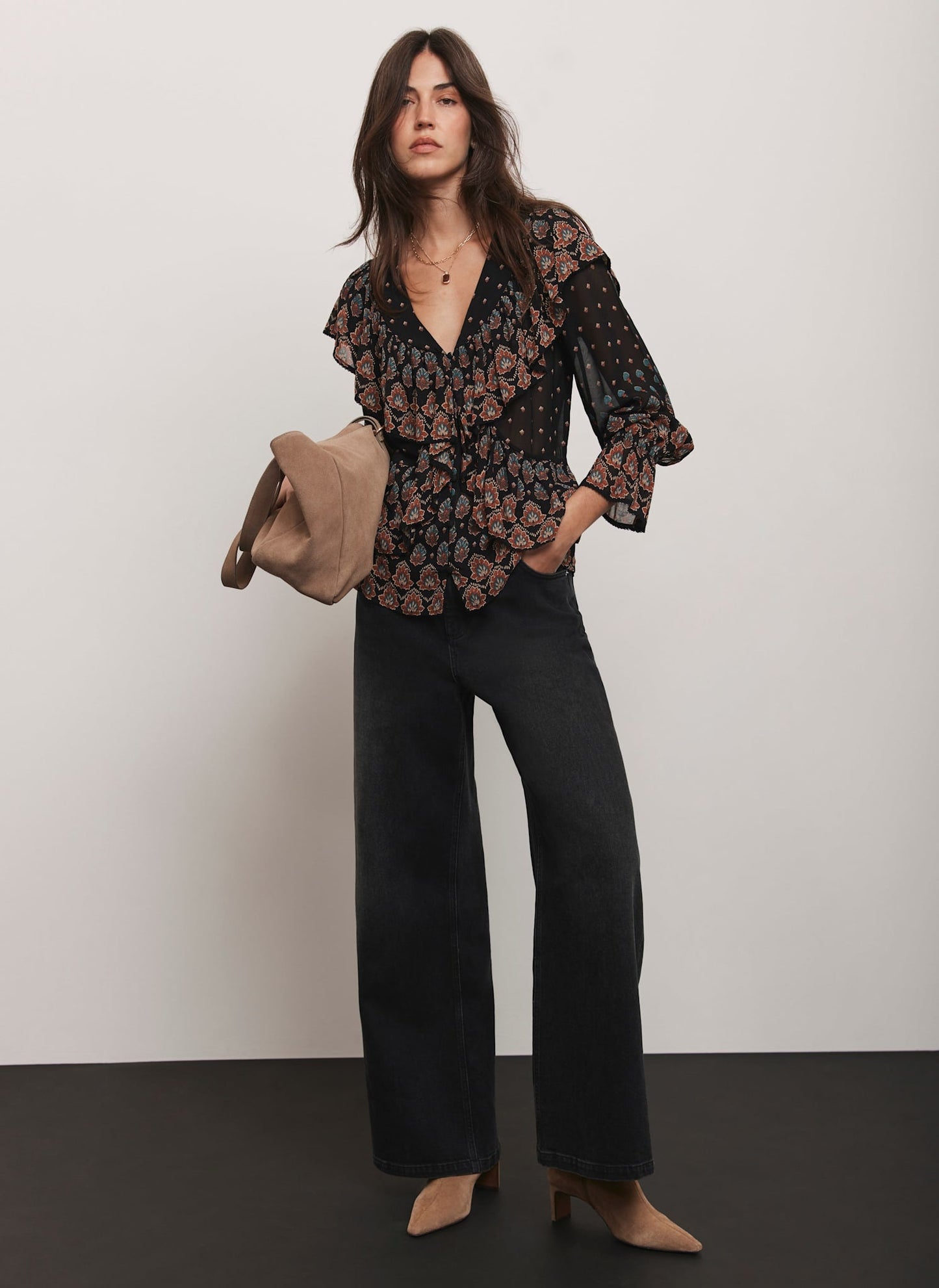 Black Boho Print Ruffle Blouse
