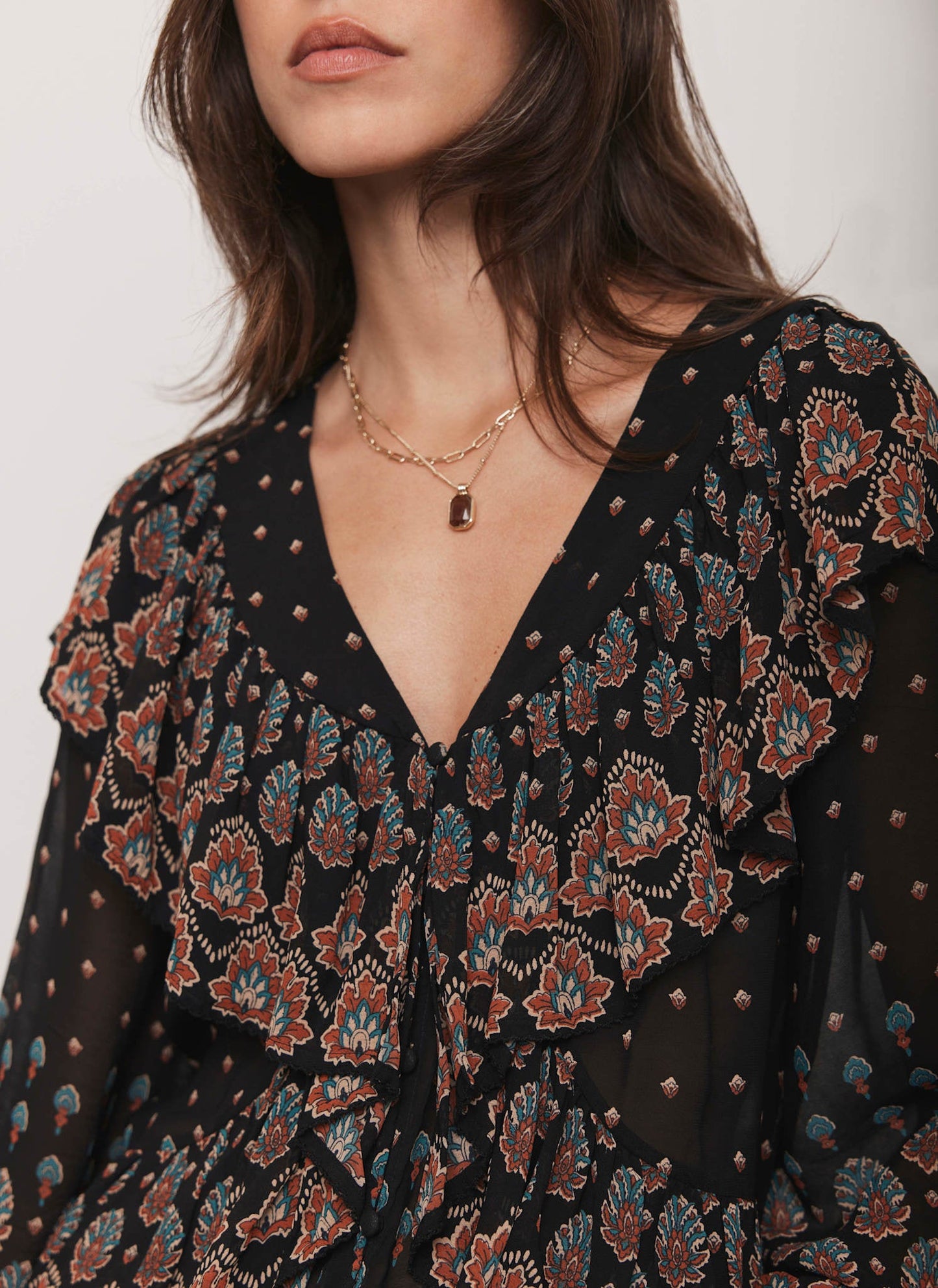 Black Boho Print Ruffle Blouse