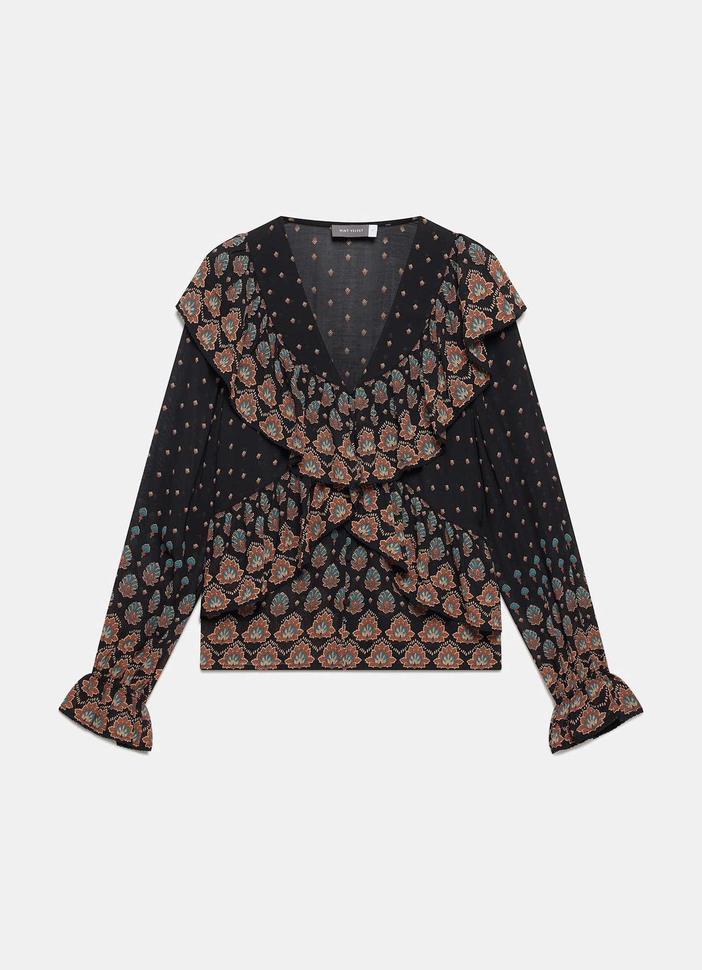 Black Boho Print Ruffle Blouse