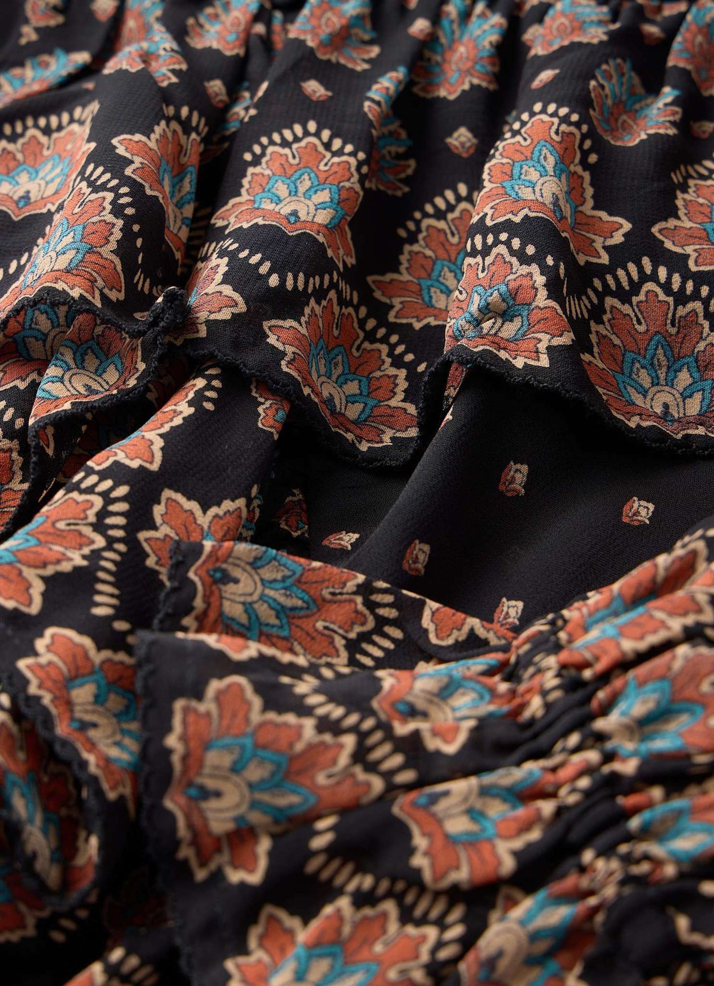 Black Boho Print Ruffle Blouse