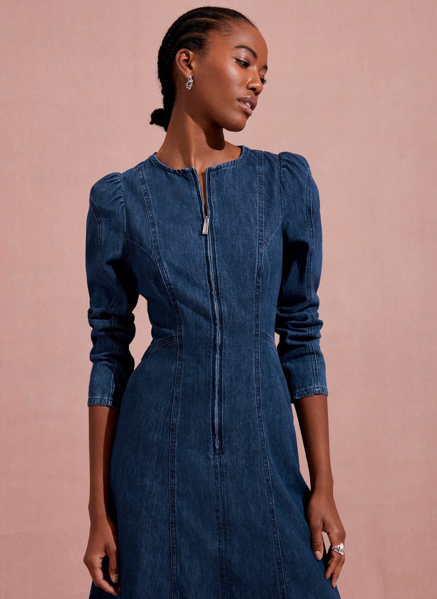 Indigo Puff Sleeve Denim Midi Dress