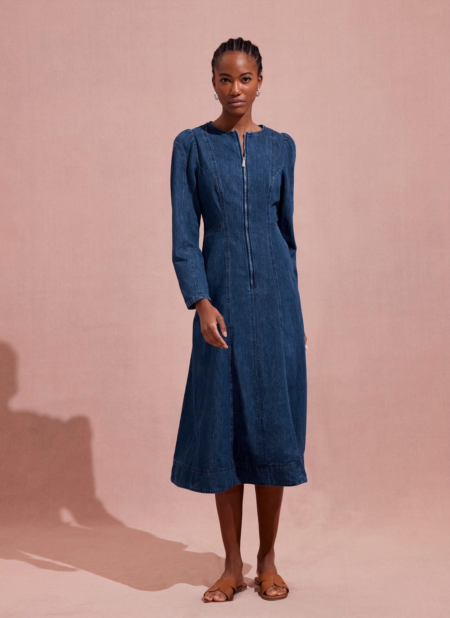 Indigo Puff Sleeve Denim Midi Dress