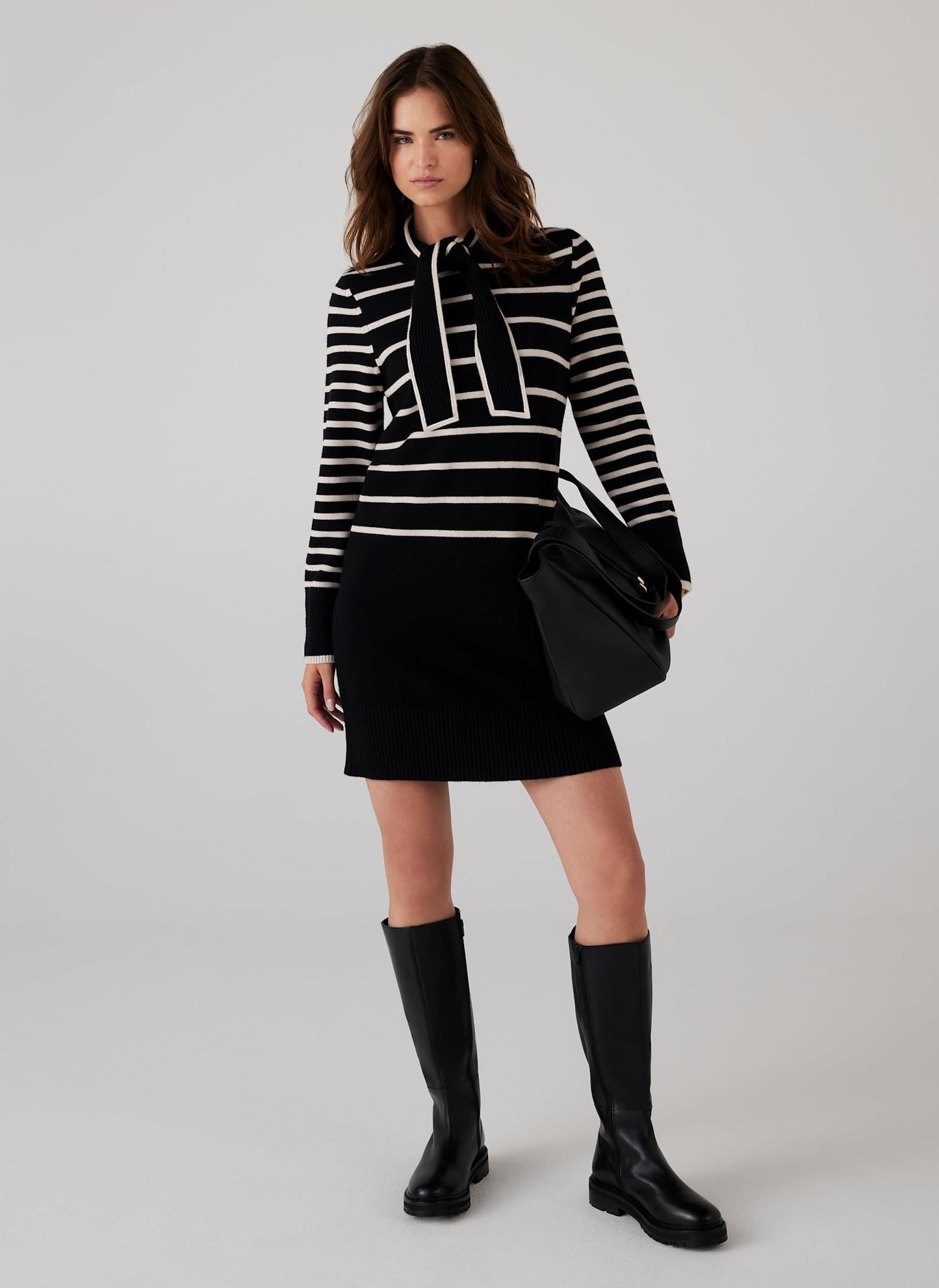 Black Striped Scarf Detail Knit Mini Dress