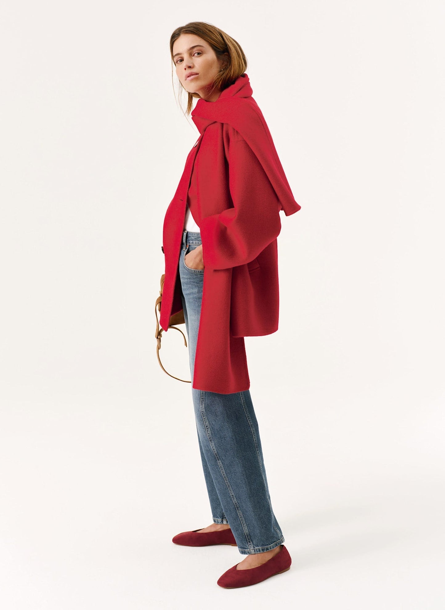 Red Wool Blend Hand Finished Scarf Coat