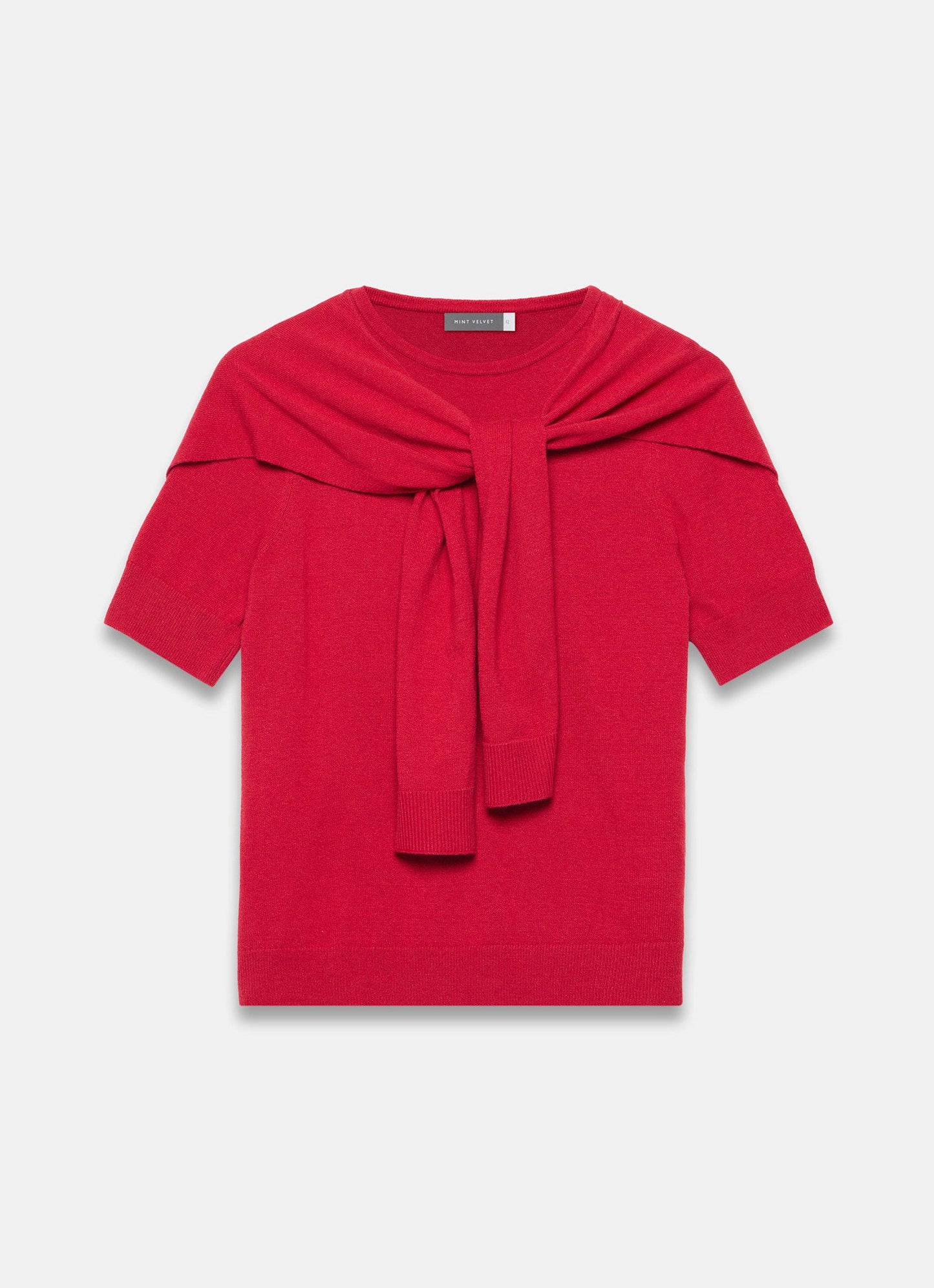 Red Scarf Detail Cotton Blend Knit Top