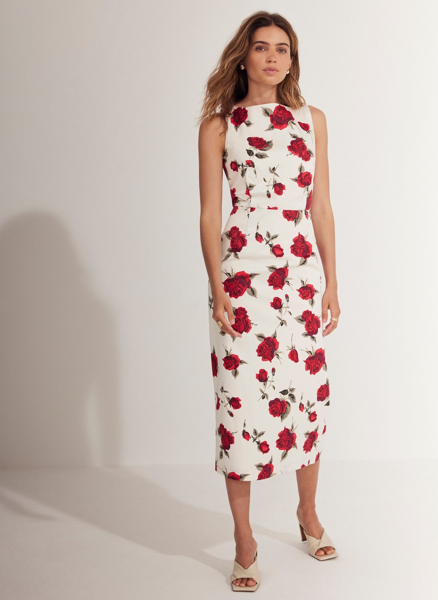 Red Rose Print Midi Dress