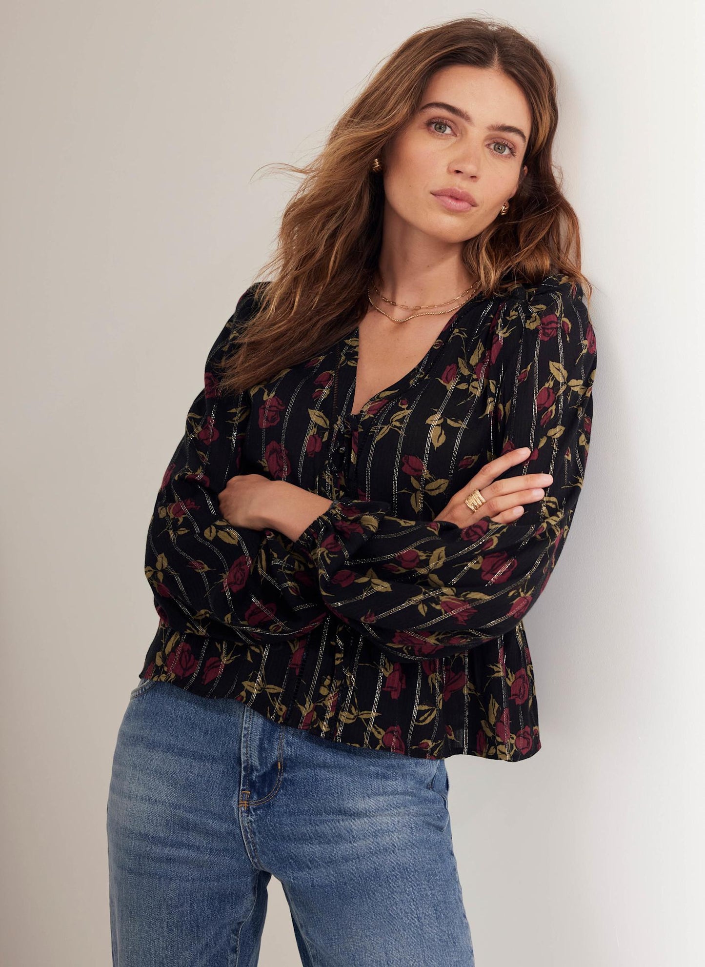 Black Rose Print Tie Front Top