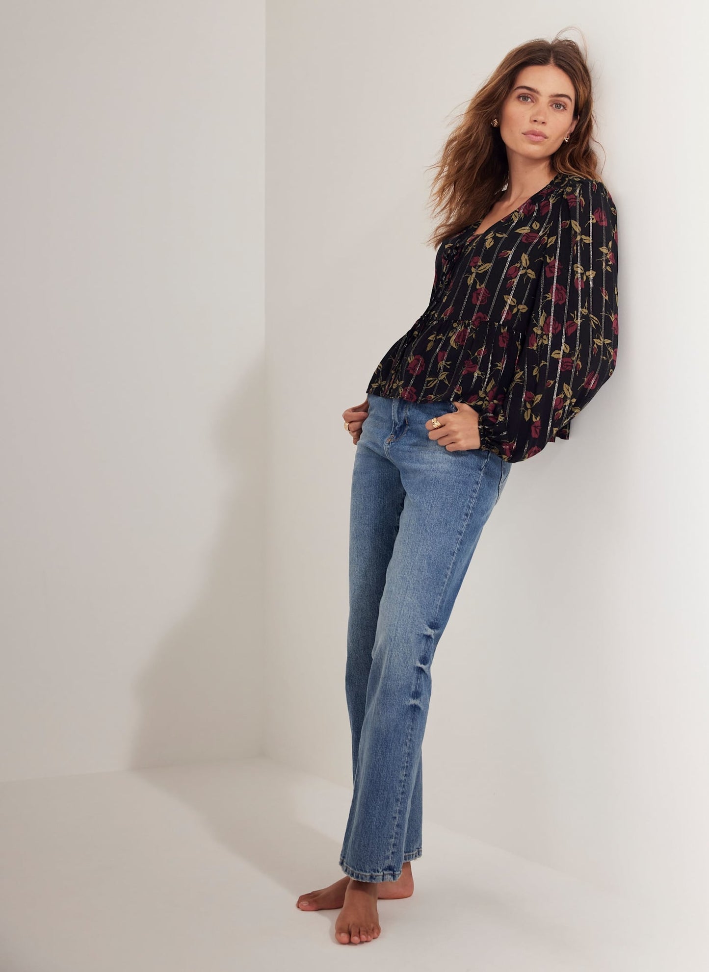 Black Rose Print Tie Front Top