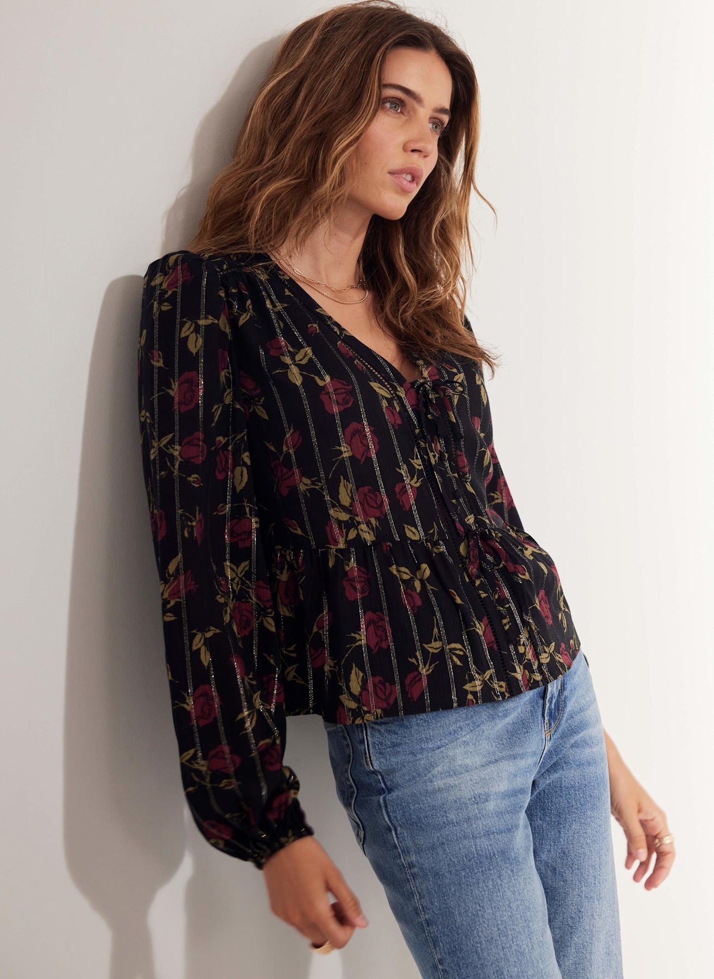 Black Rose Print Tie Front Top