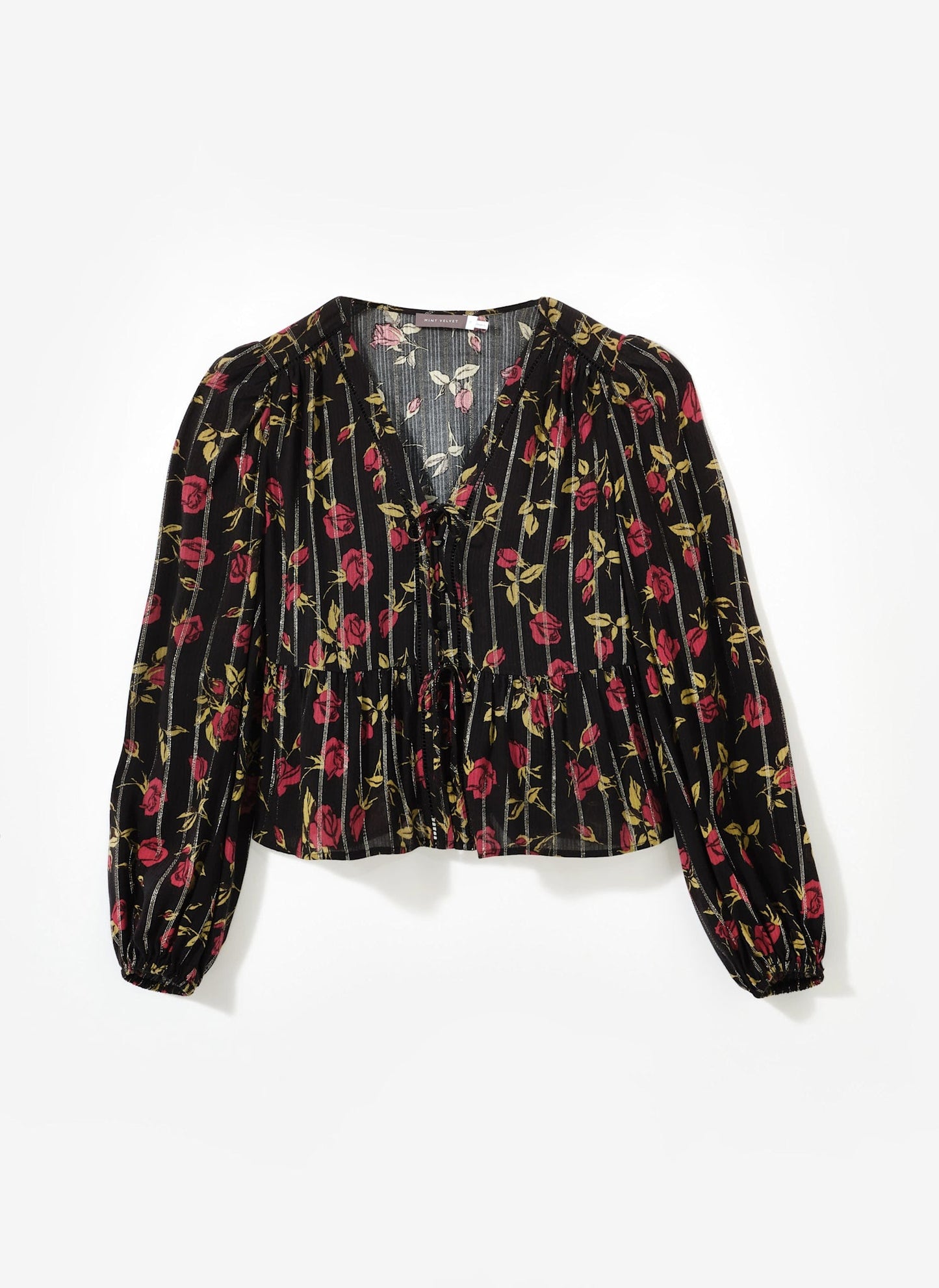 Black Rose Print Tie Front Top