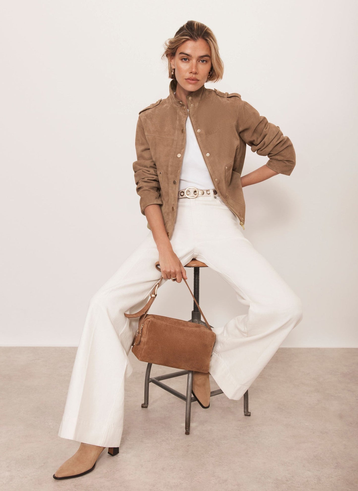 Neutral Suede Funnel Neck Jacket