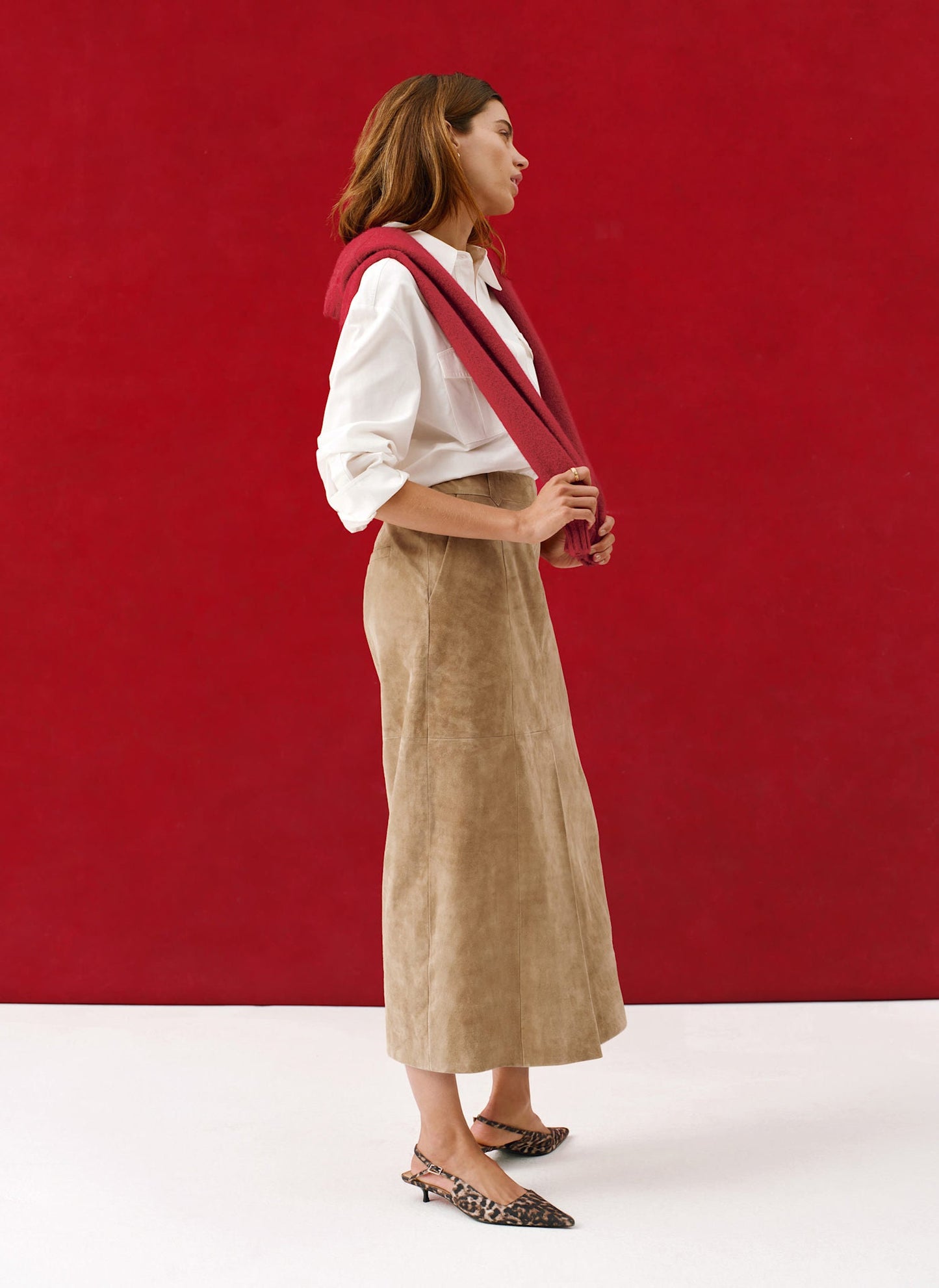 Neutral Suede Midi Skirt