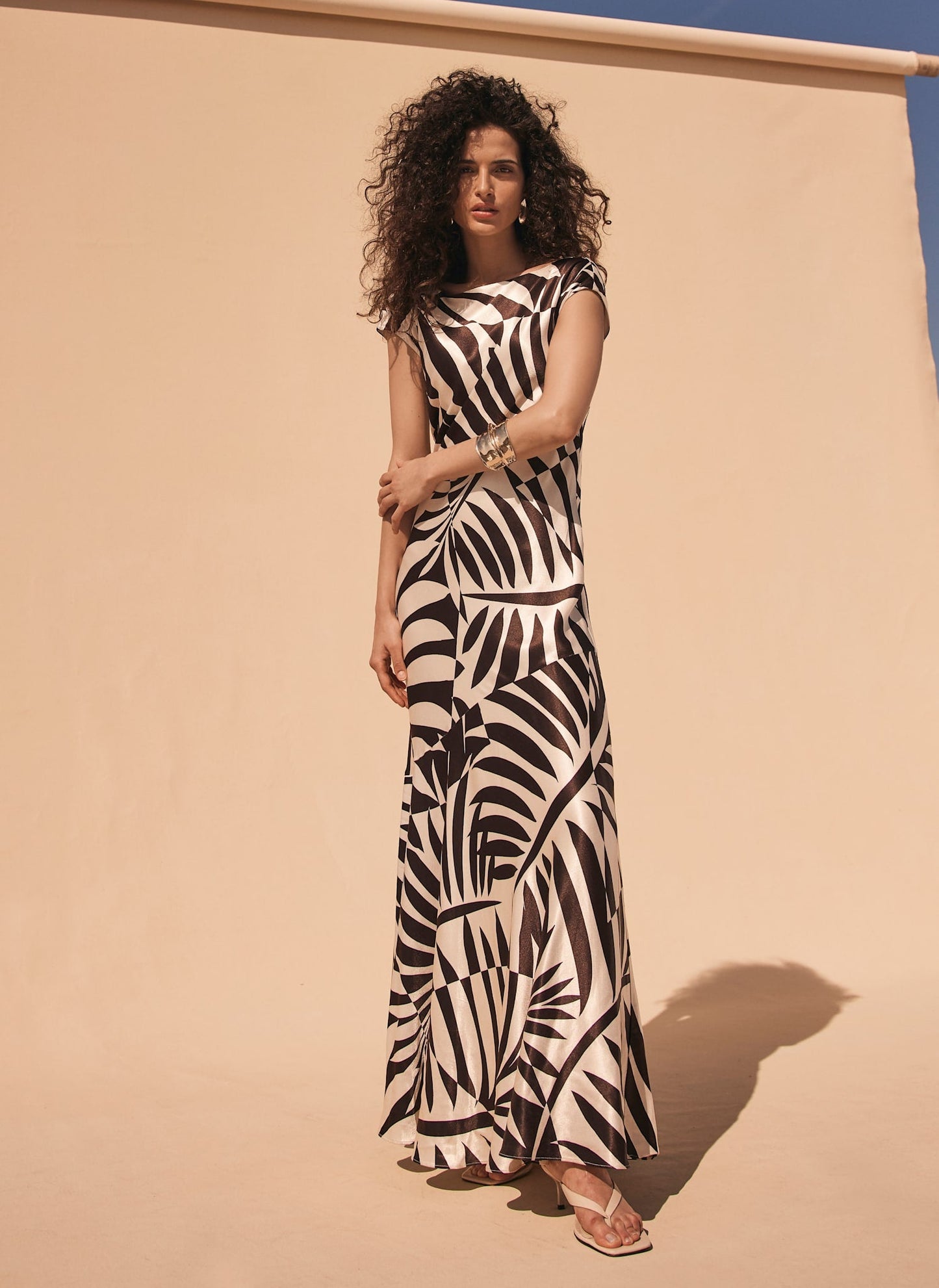Brown Satin Palm Print Maxi Dress