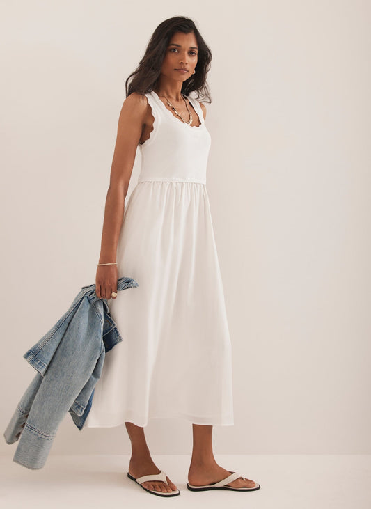 White Scallop Trim Midi Dress