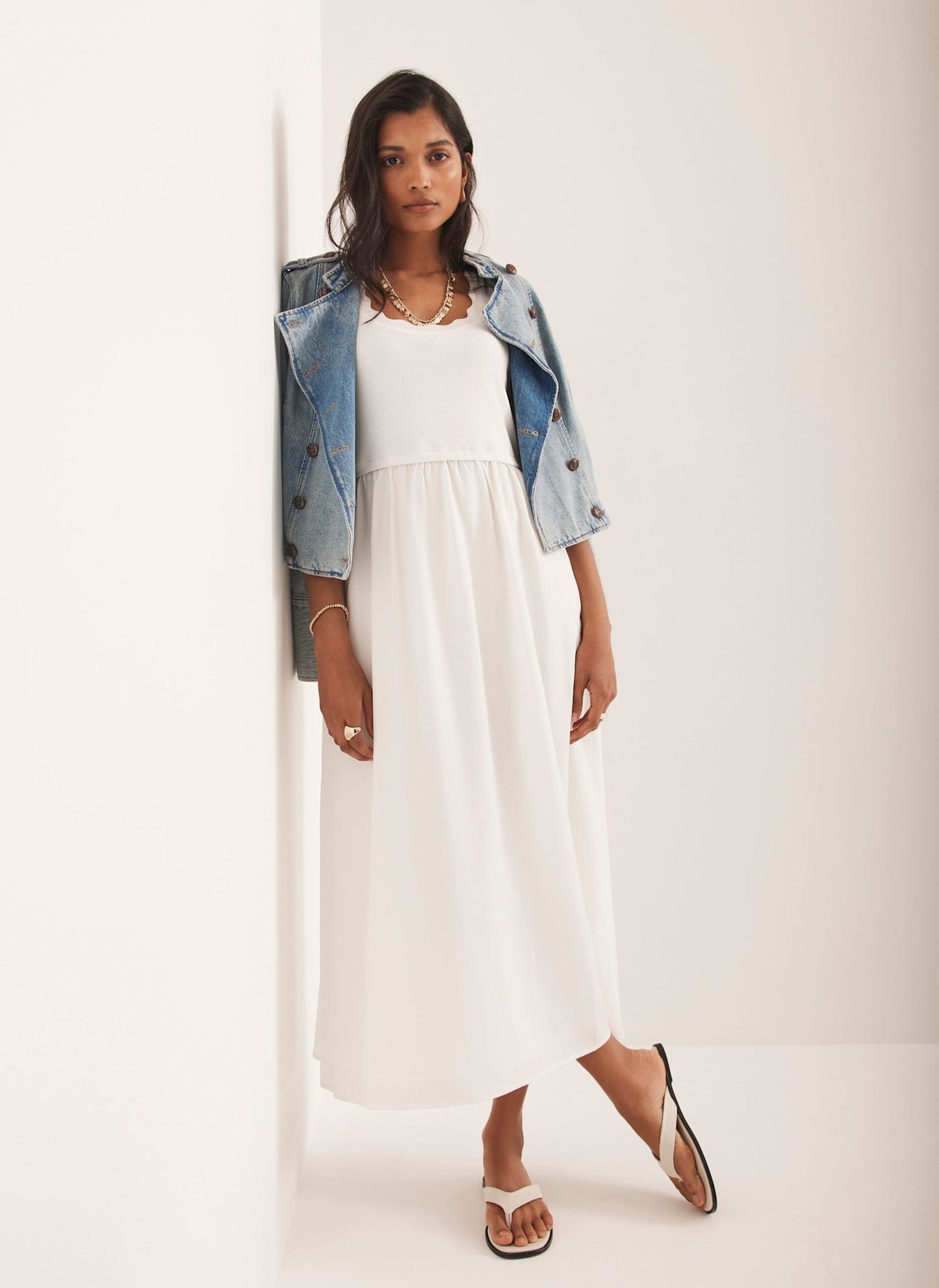 White Scallop Trim Midi Dress