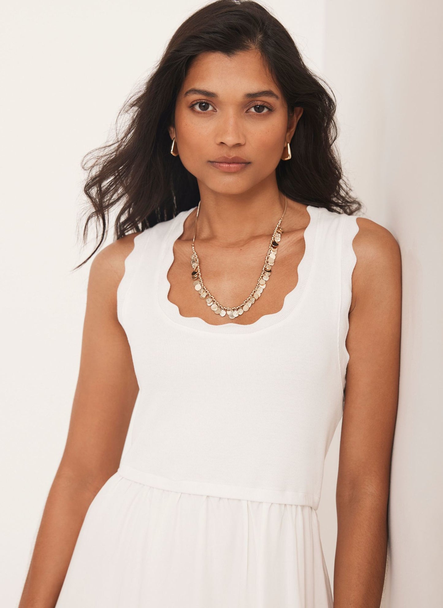 White Scallop Trim Midi Dress