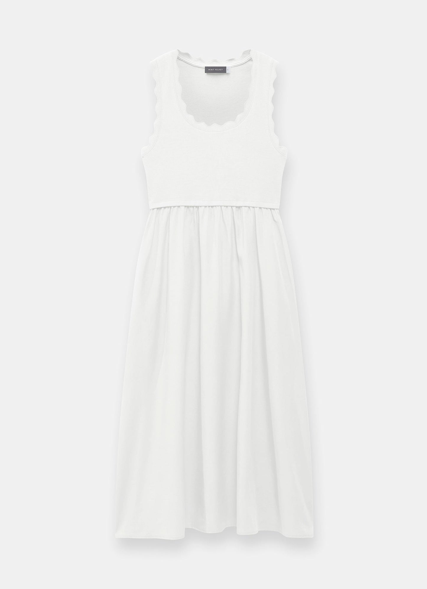 White Scallop Trim Midi Dress