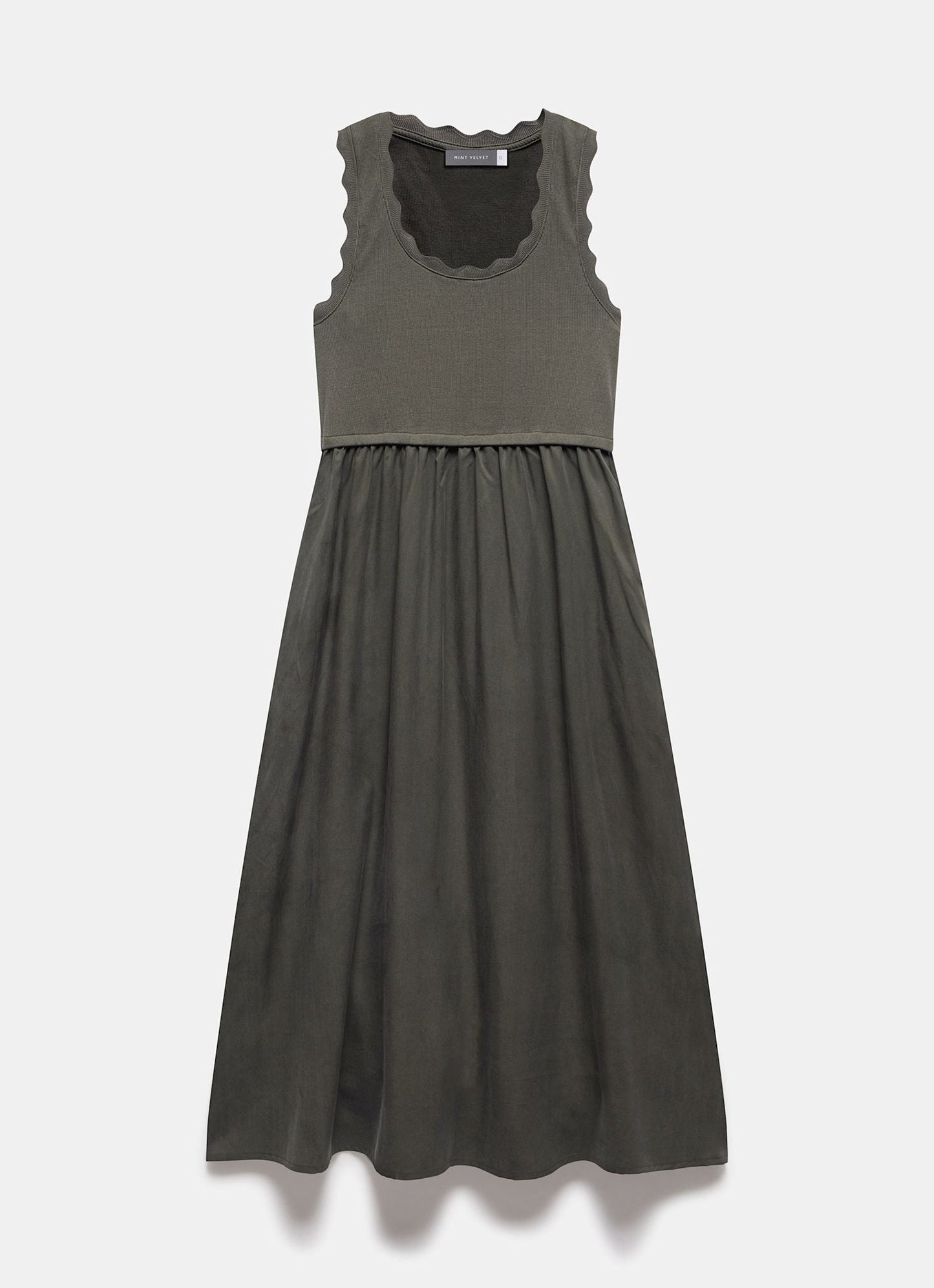 Khaki Scallop Trim Midi Dress