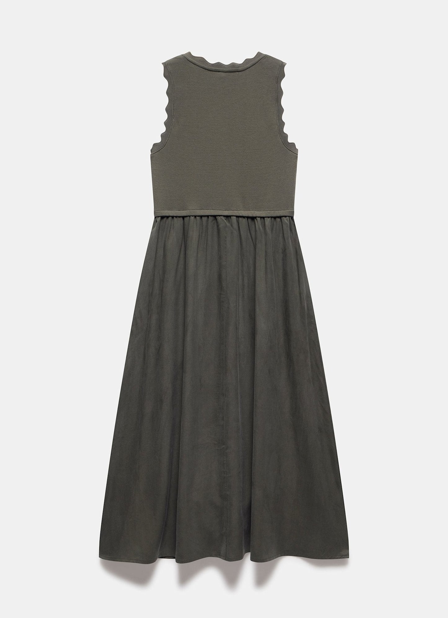 Khaki Scallop Trim Midi Dress