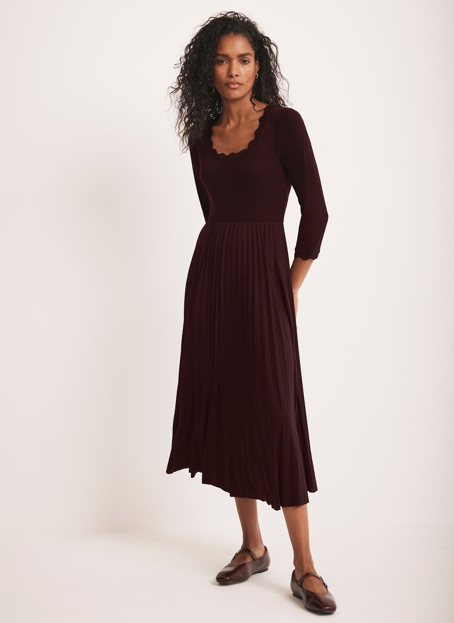 Burgundy Scallop Trim Midi Dress