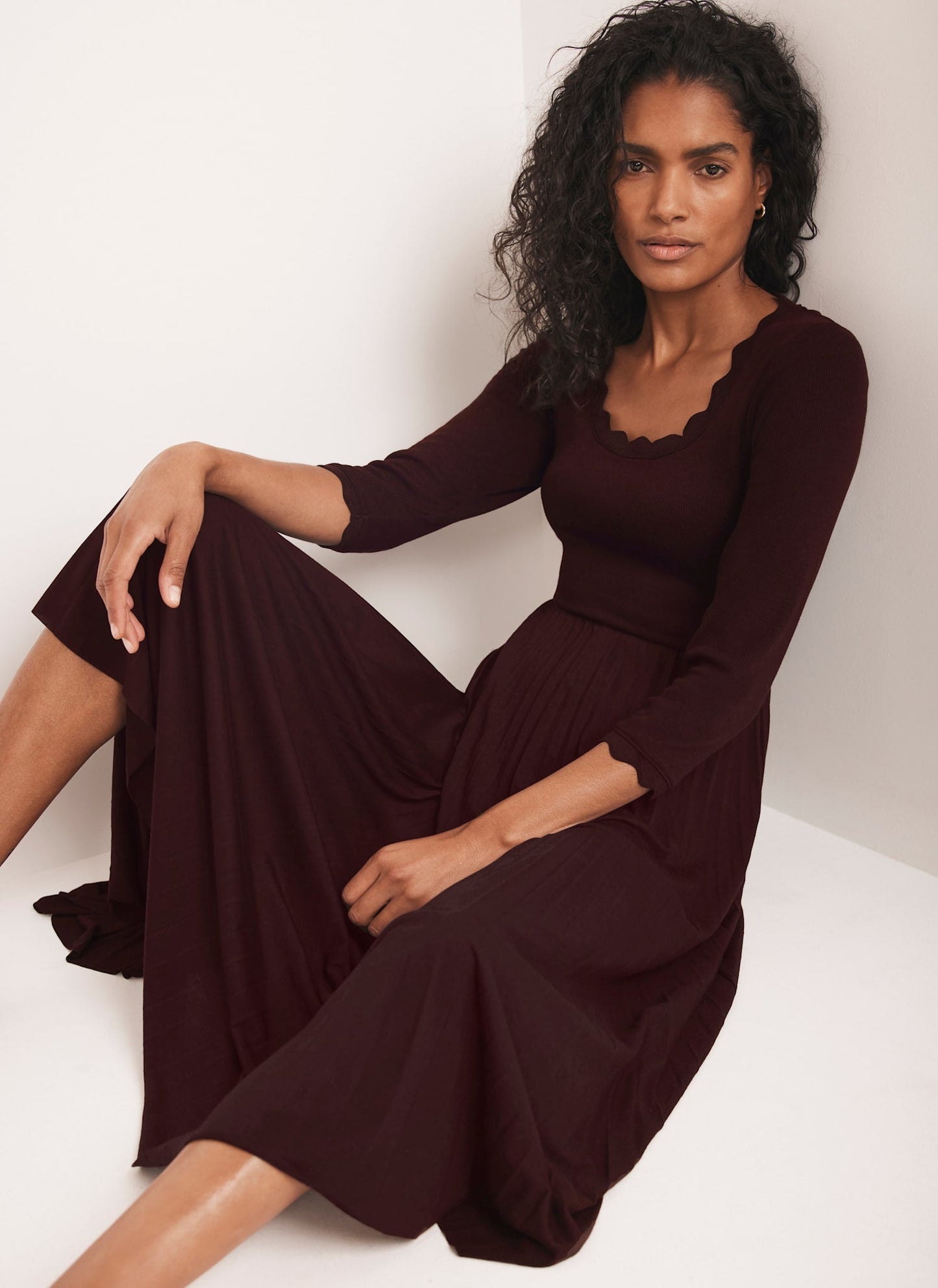 Burgundy Scallop Trim Midi Dress