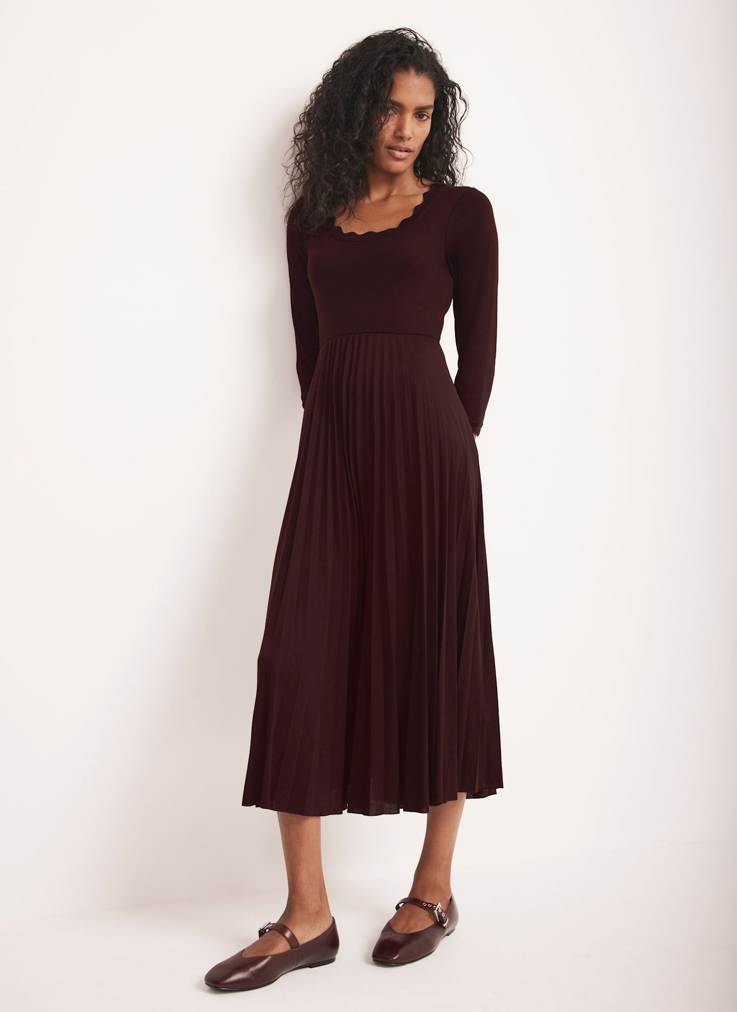 Burgundy Scallop Trim Midi Dress