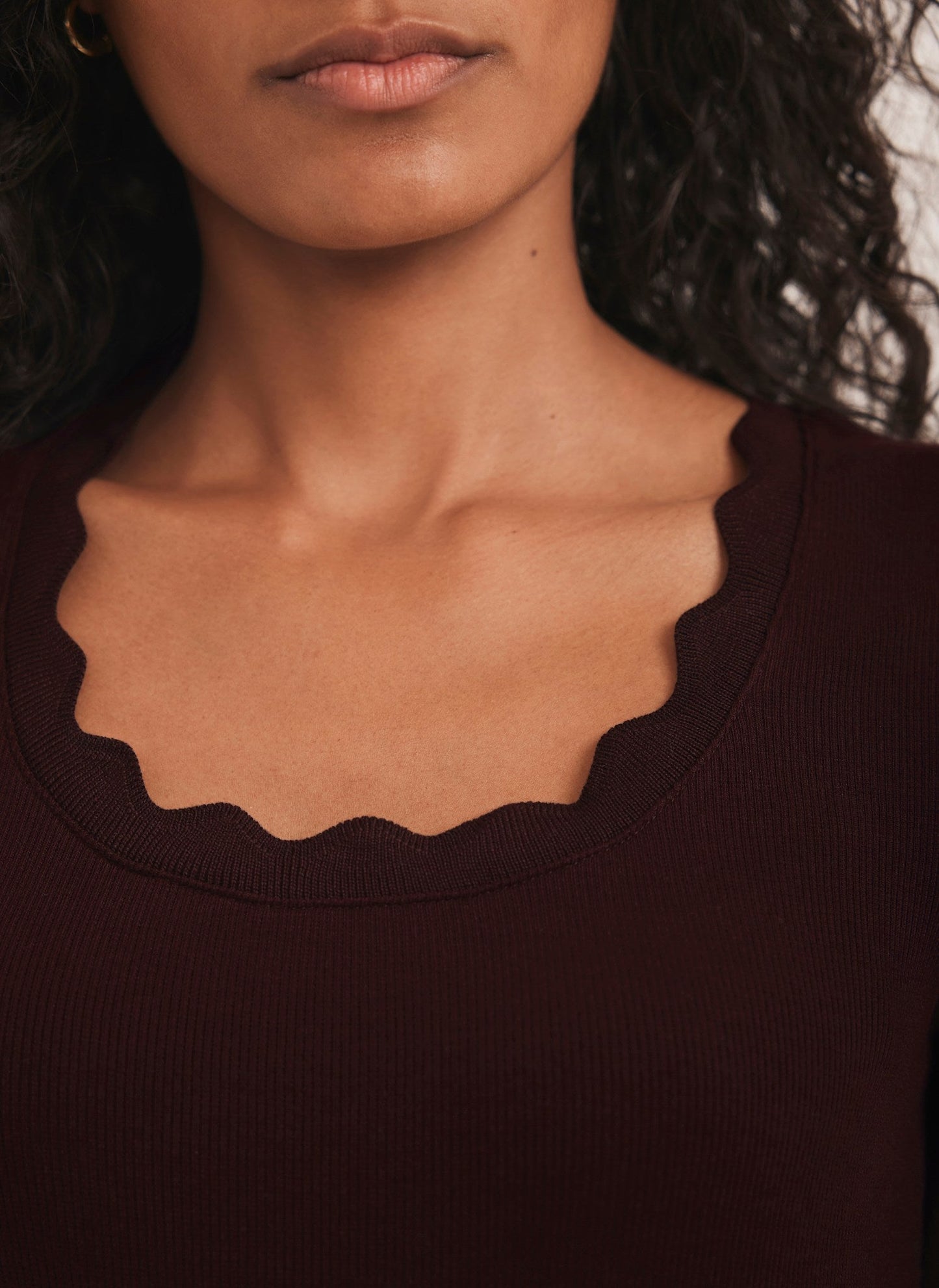 Burgundy Scallop Trim Midi Dress