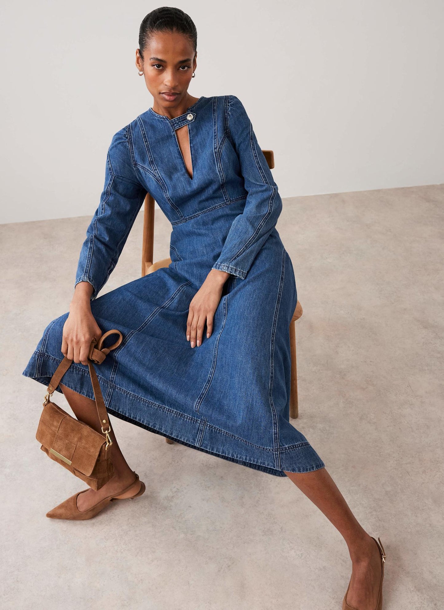 Indigo Denim Seam Detail Midi Dress