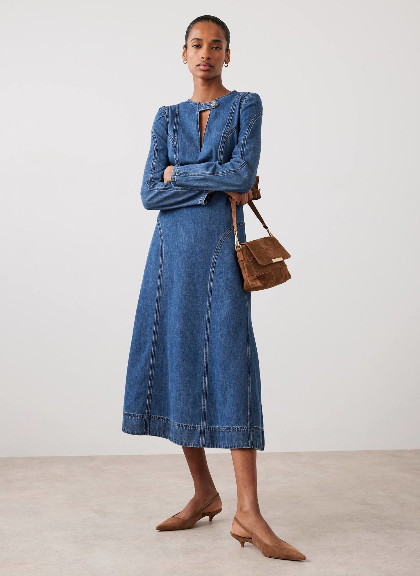 Indigo Denim Seam Detail Midi Dress