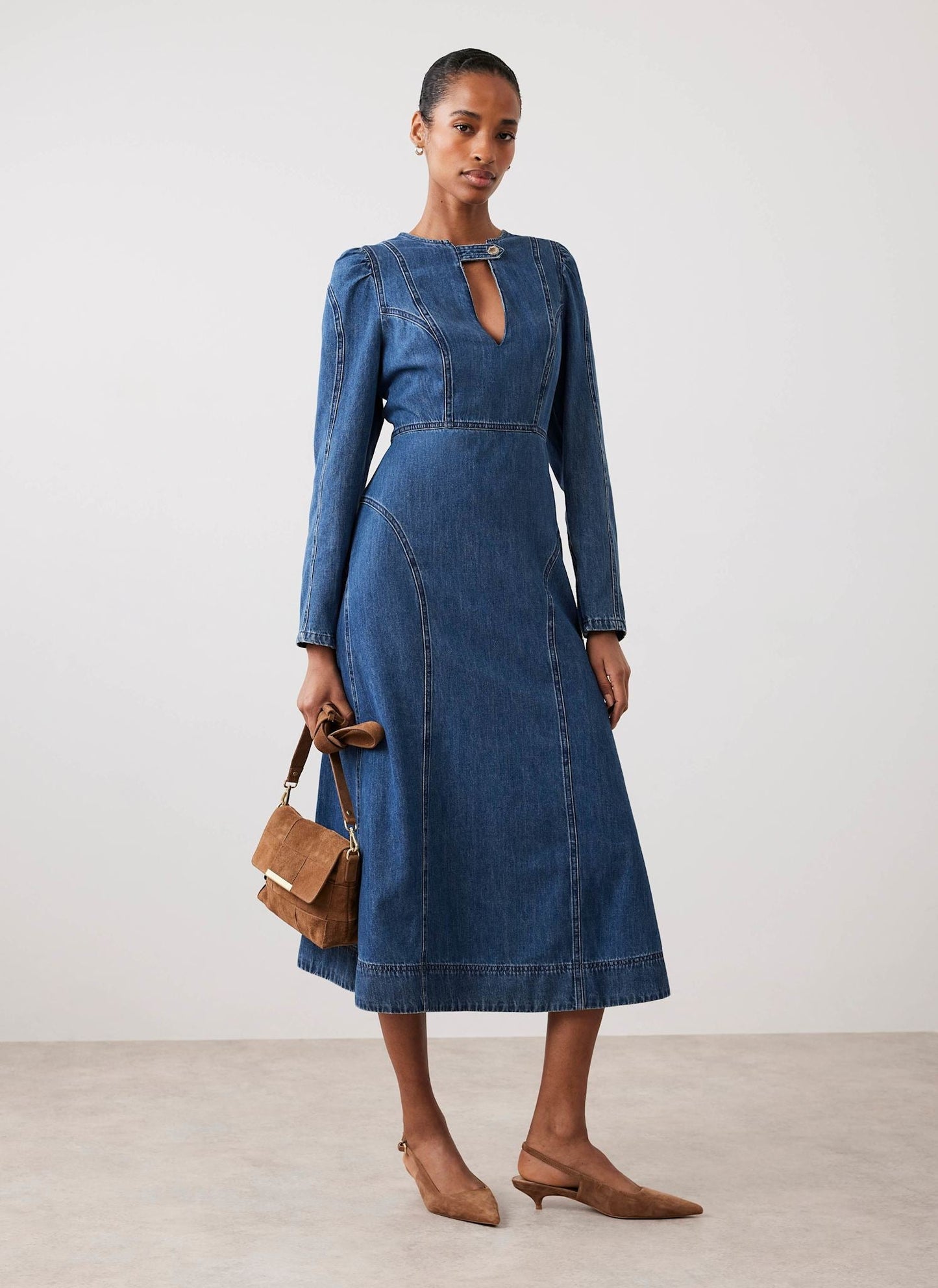 Indigo Denim Seam Detail Midi Dress