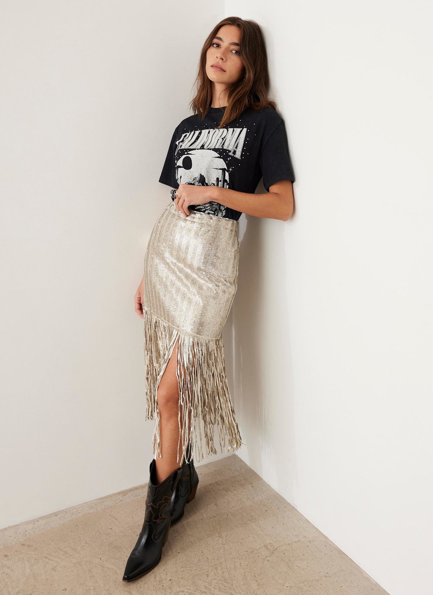 Silver Sequin Fringe Skirt